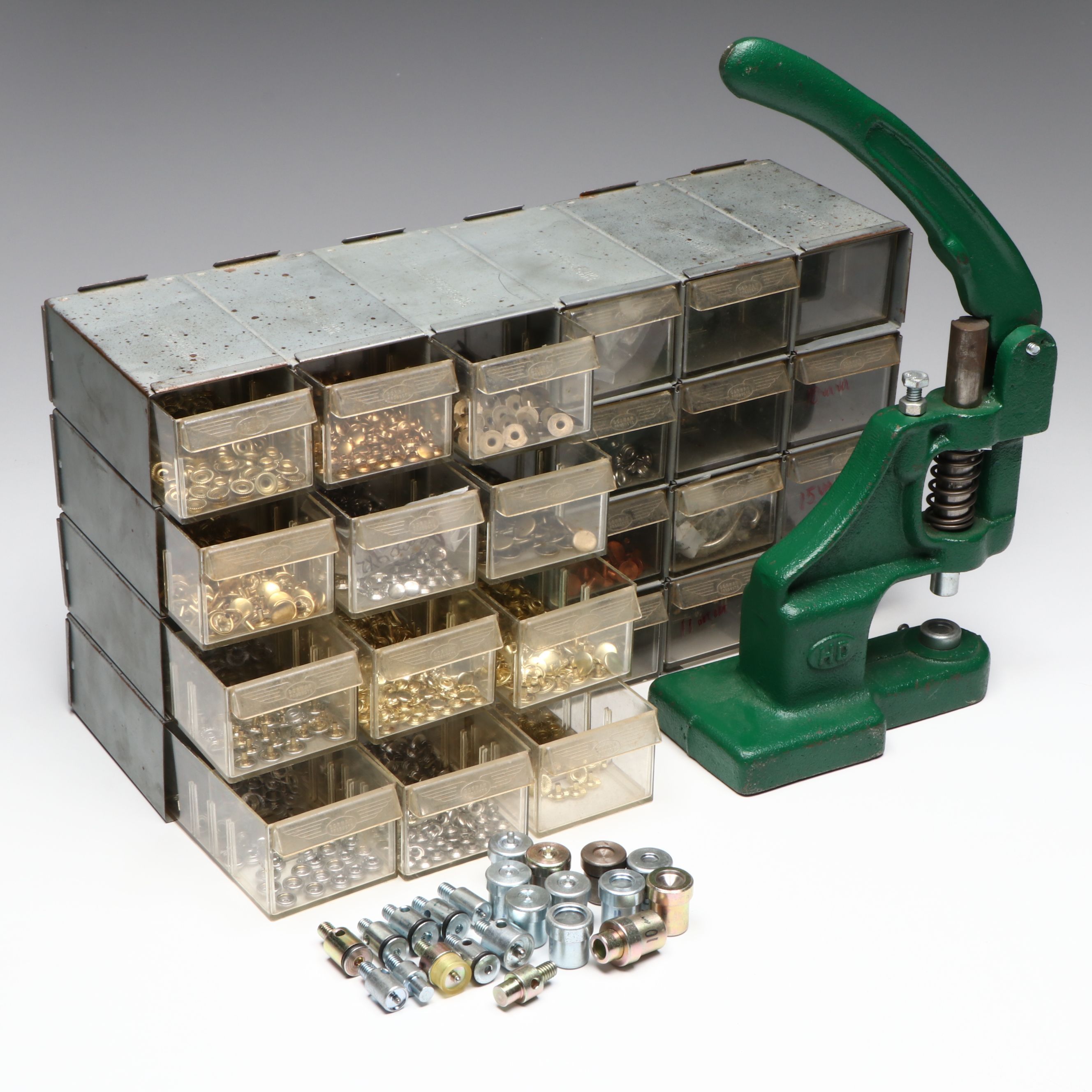 Cast Iron Hand Rivet Press with Grommets, Rivets and Snaps in Organizer