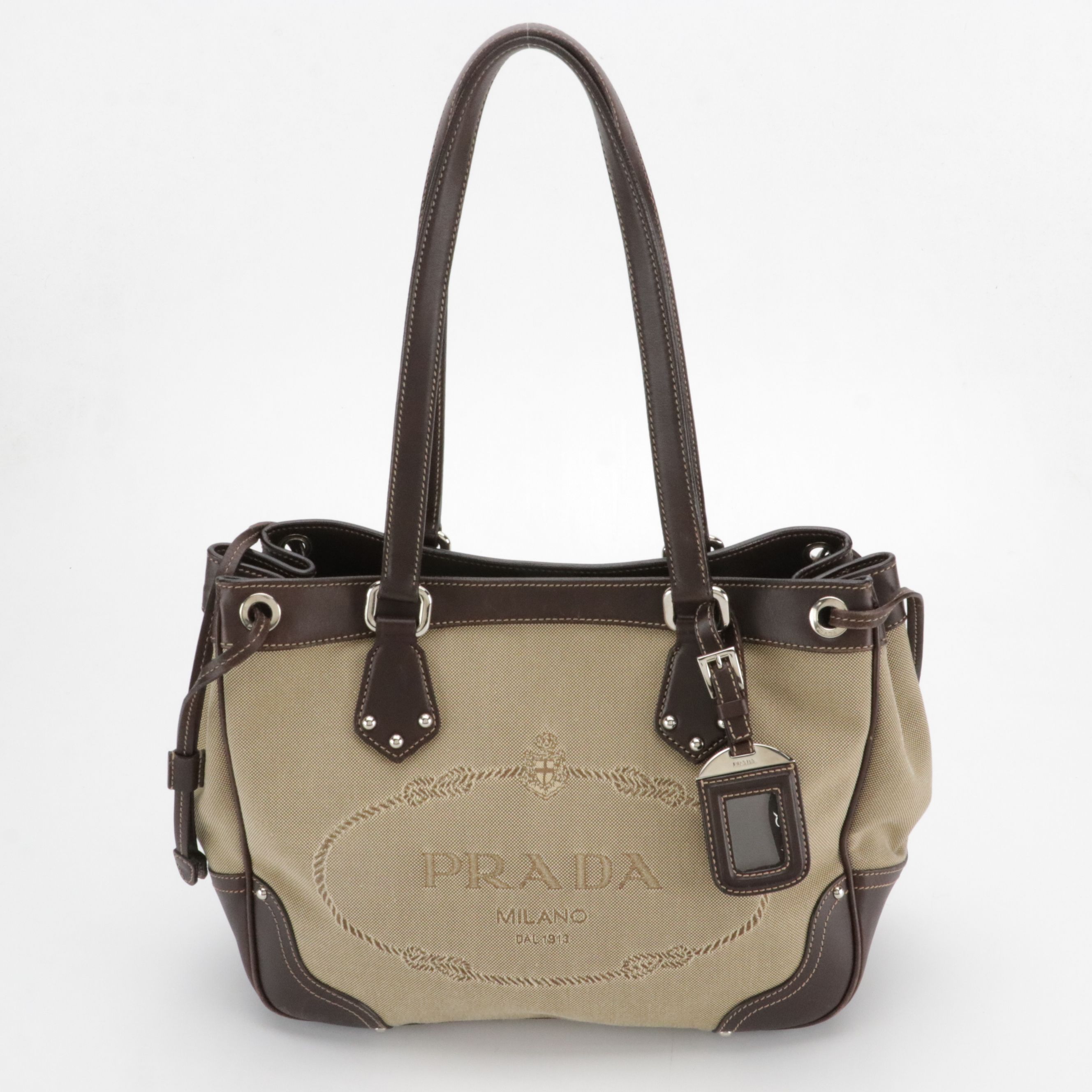 Prada Canapa Logo Side Drawstring Tote in Brown Jacquard Canvas and Leather