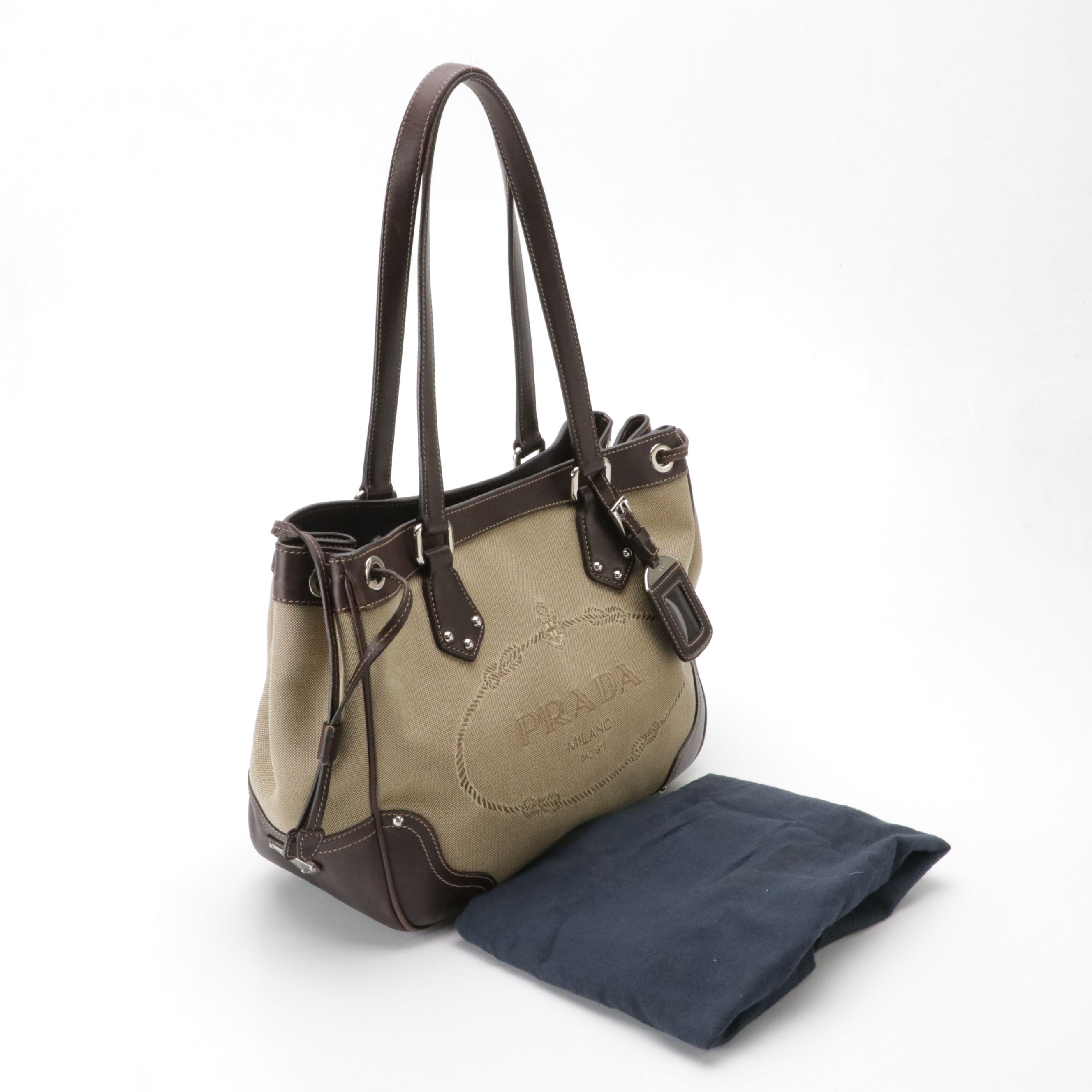 Prada Canapa Logo Side Drawstring Tote in Brown Jacquard Canvas and Leather