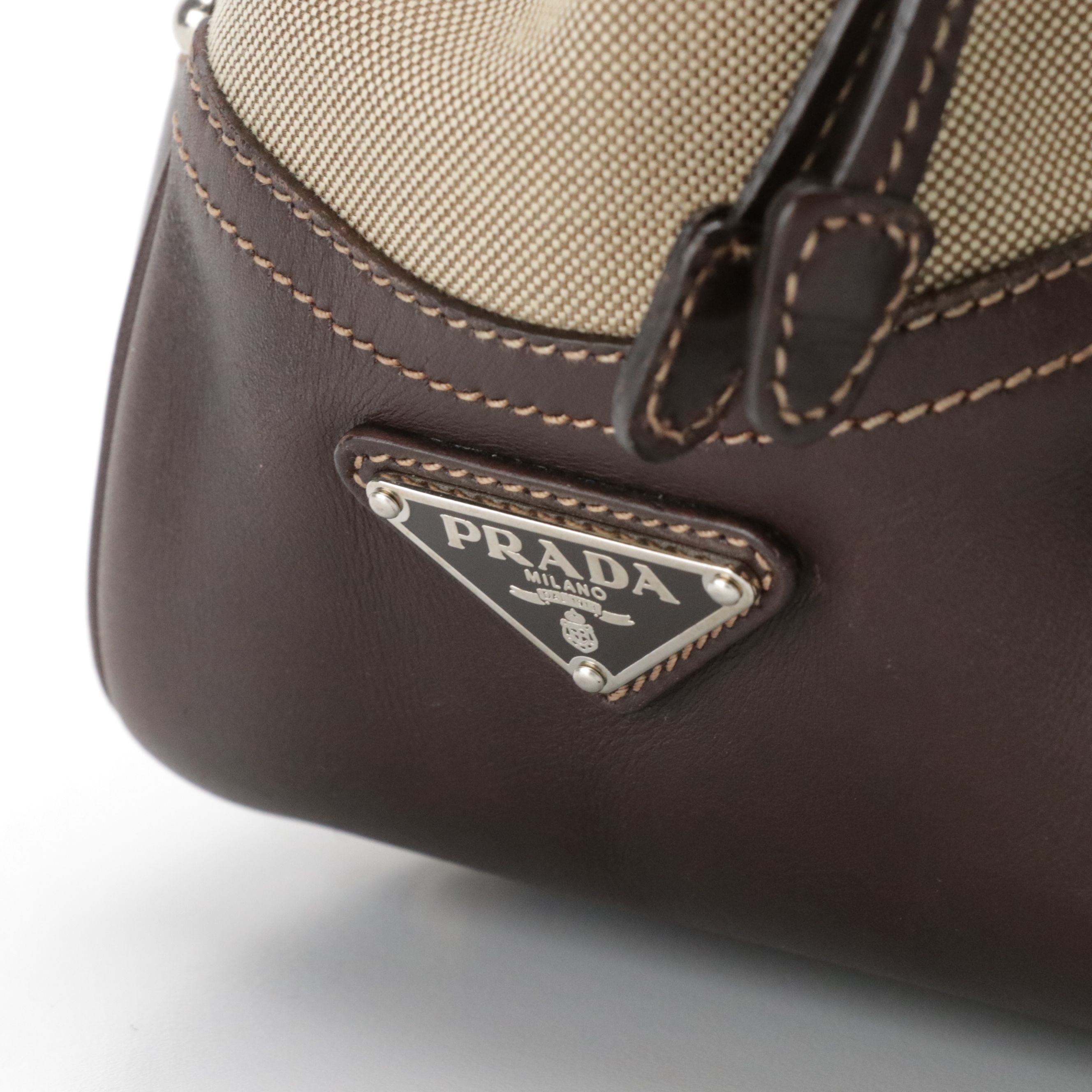 Prada Canapa Logo Side Drawstring Tote in Brown Jacquard Canvas and Leather