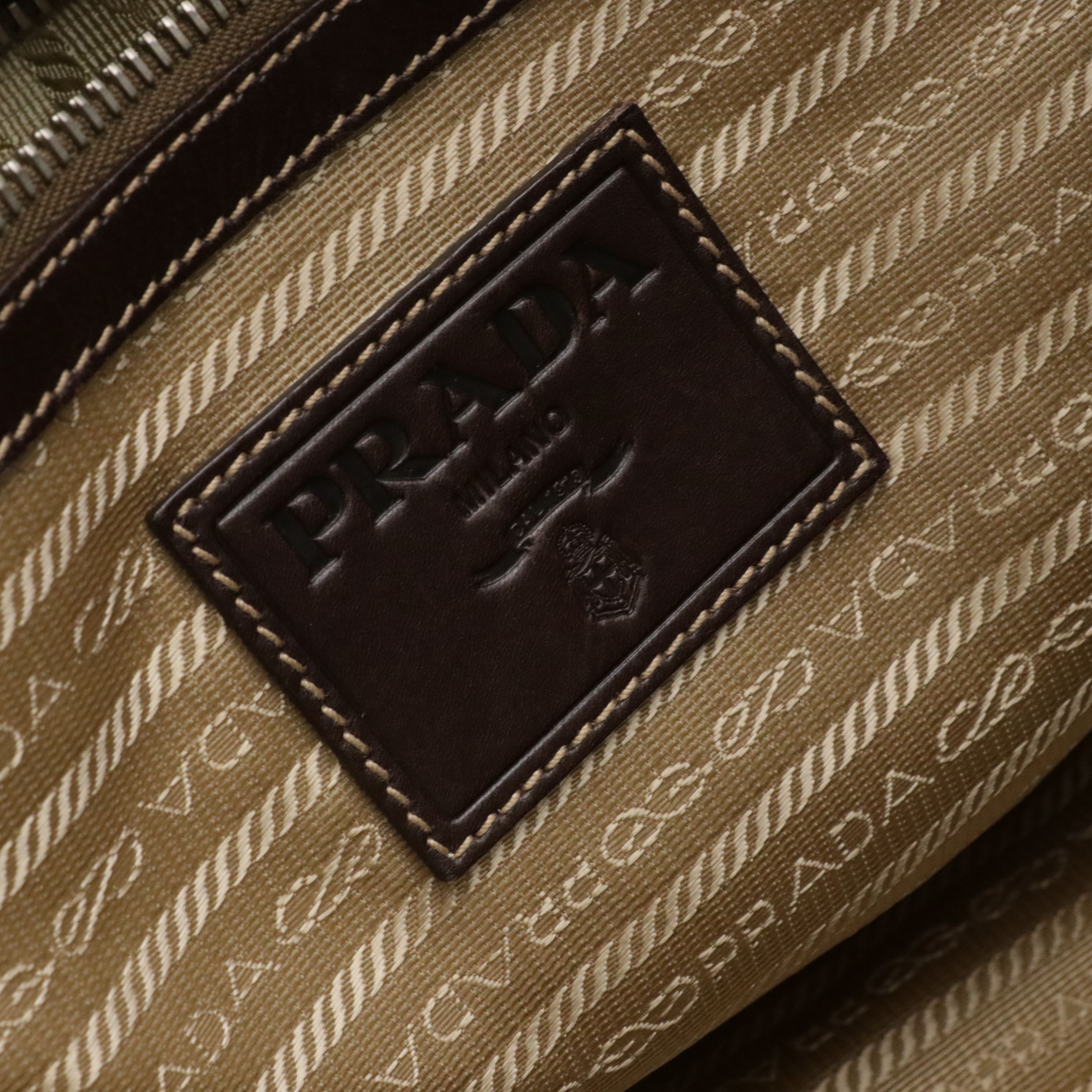 Prada Canapa Logo Side Drawstring Tote in Brown Jacquard Canvas and Leather