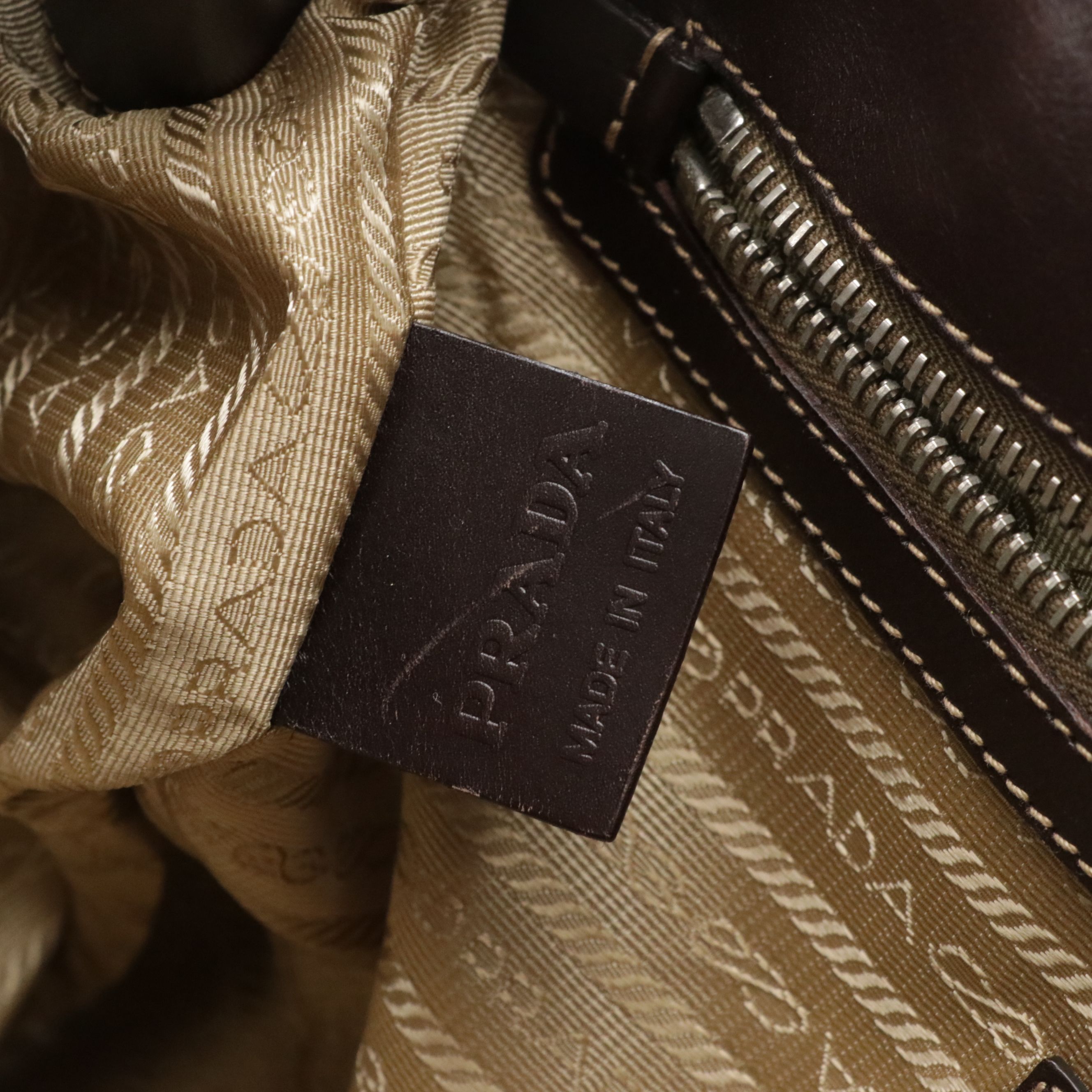 Prada Canapa Logo Side Drawstring Tote in Brown Jacquard Canvas and Leather