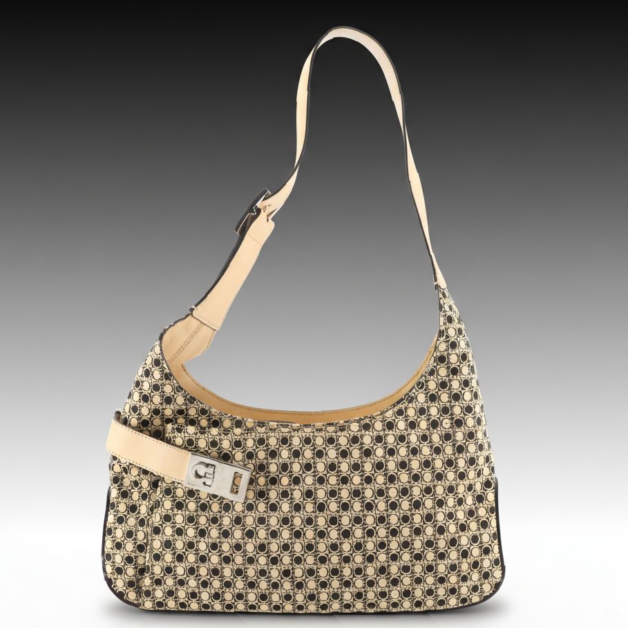 Salvatore Ferragamo Shoulder Bag in Beige & Black Gancini Jacquard and Leather