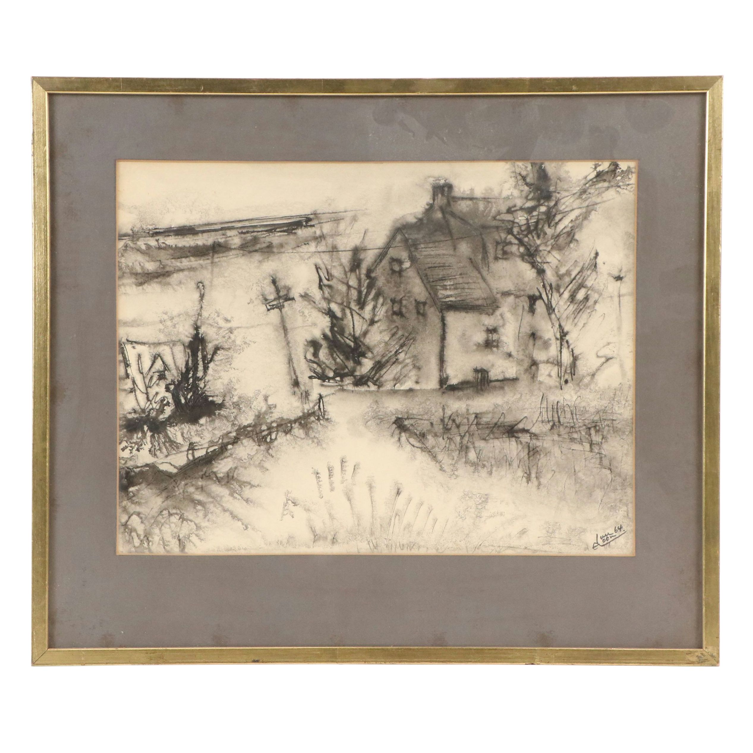Alfred Van Loen Watercolor Line Painting of House, 1964