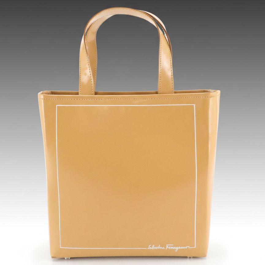 Salvatore Ferragamo Mini Tote Bag in Beige Glossy Box Leather