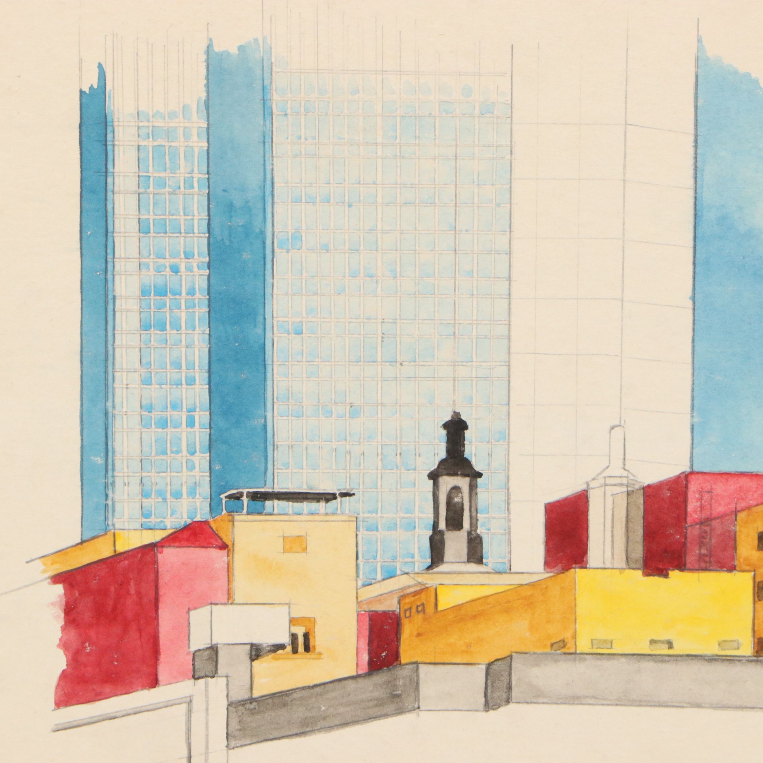 Architectural Mixed Media Illustration of City Scene