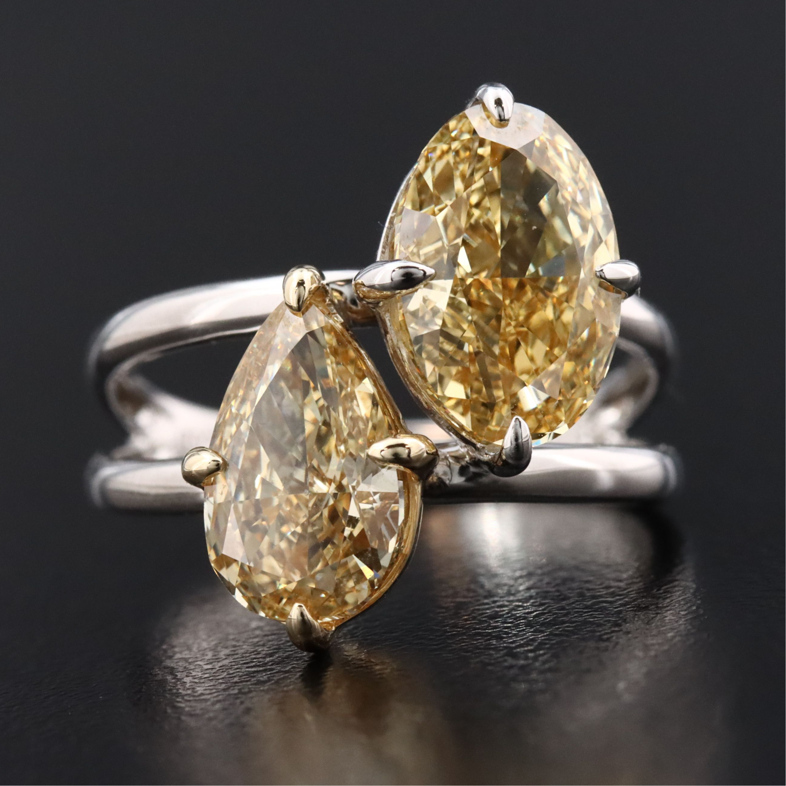 14K 4.38 CTW Lab Grown Fancy Yellow Diamond Toi et Moi Ring