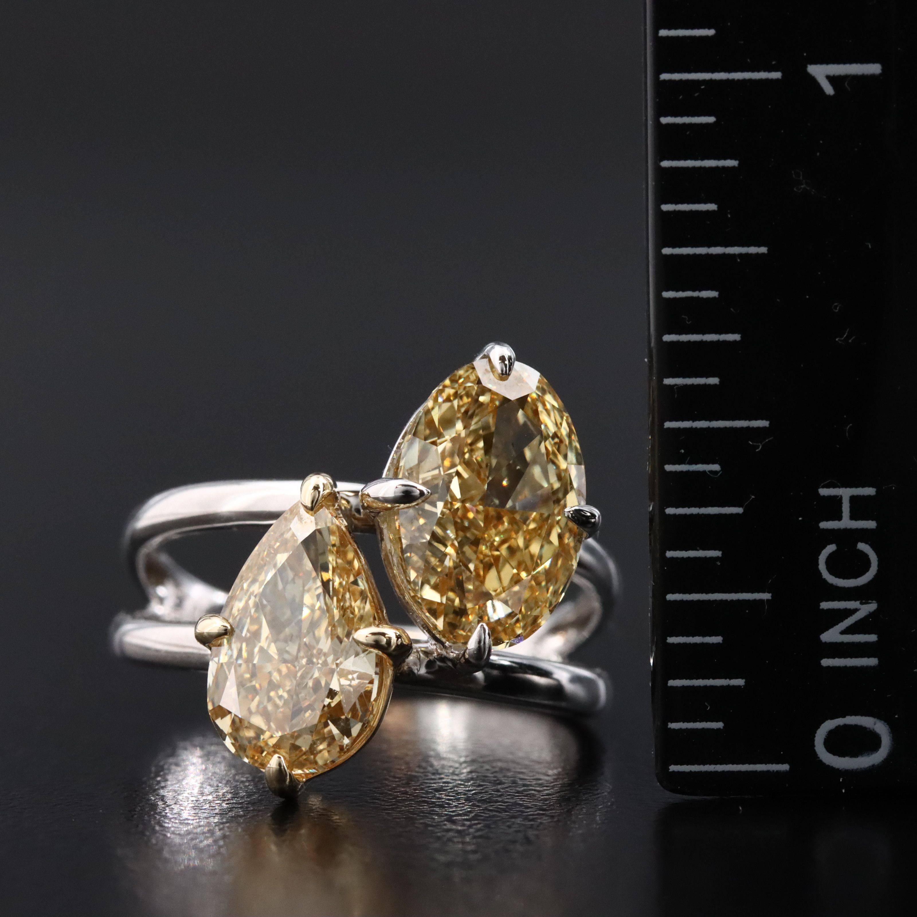 14K 4.38 CTW Lab Grown Fancy Yellow Diamond Toi et Moi Ring