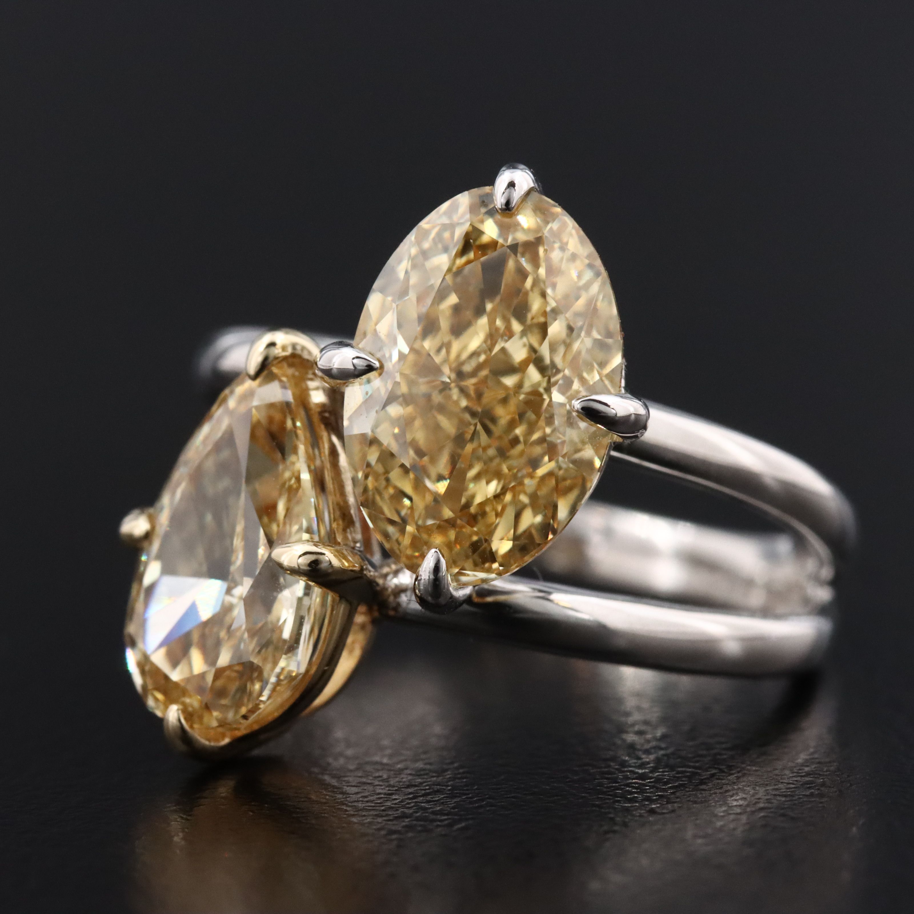 14K 4.38 CTW Lab Grown Fancy Yellow Diamond Toi et Moi Ring