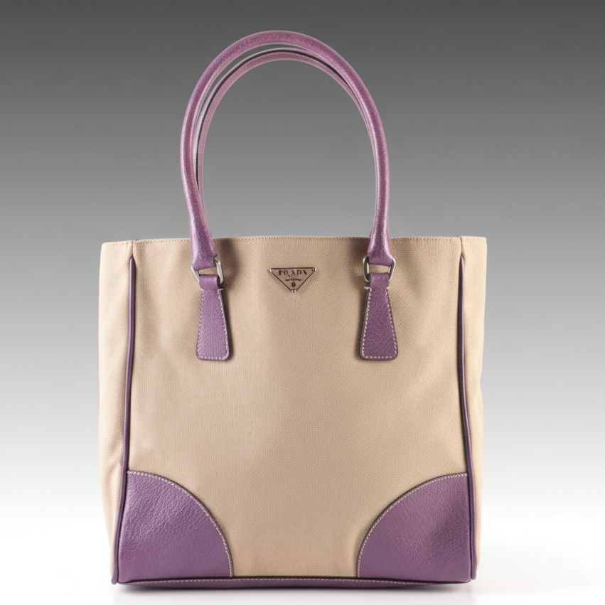 Prada Tote Bag in Beige Canvas and Purple Leather