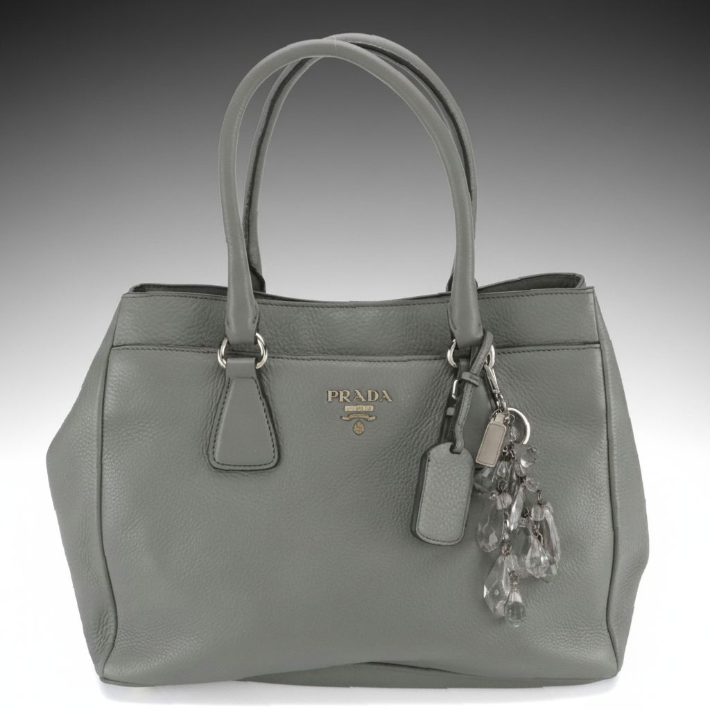 Prada Grey Vitello Daino Leather Two-Way Tote Bag w Prada Faceted Cut Key Ring