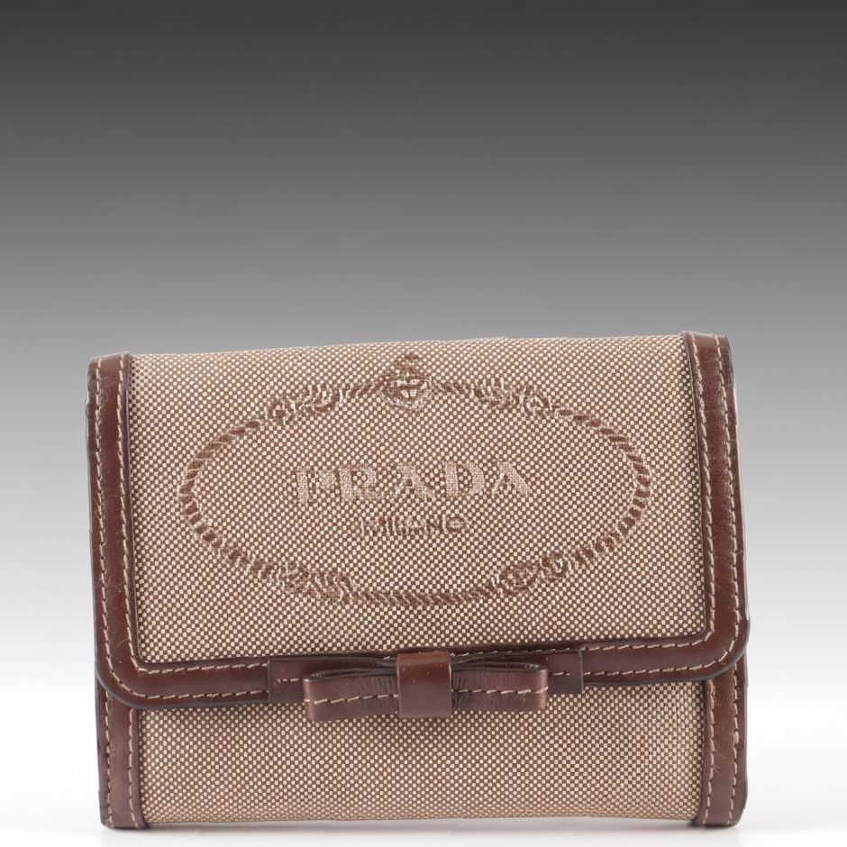 Prada Trifold Wallet in Beige Logo Jacquard Canvas and Brown Leather