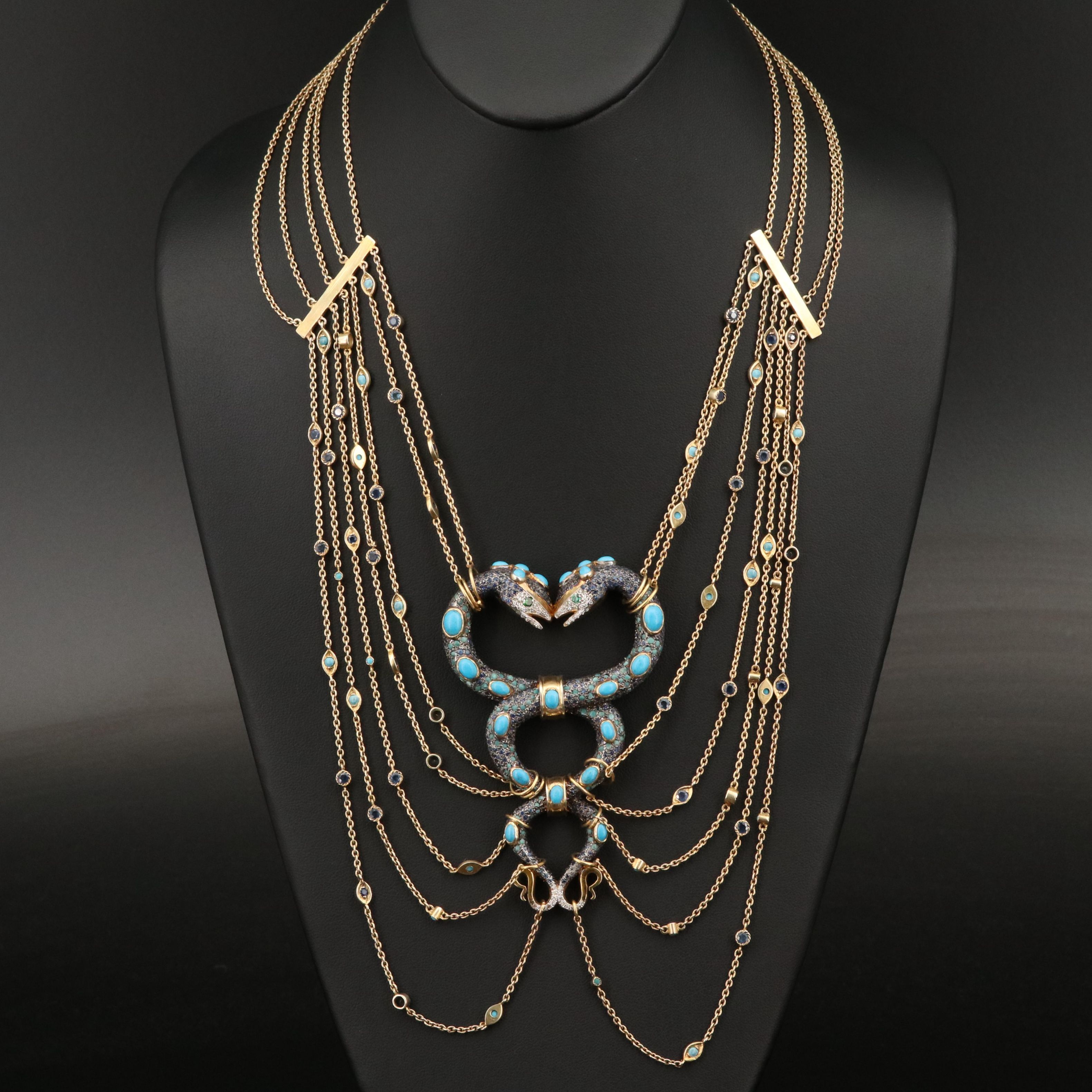 Sterling Diamond, Sapphire and Cubic Intertwined Snakes Festoon Necklace