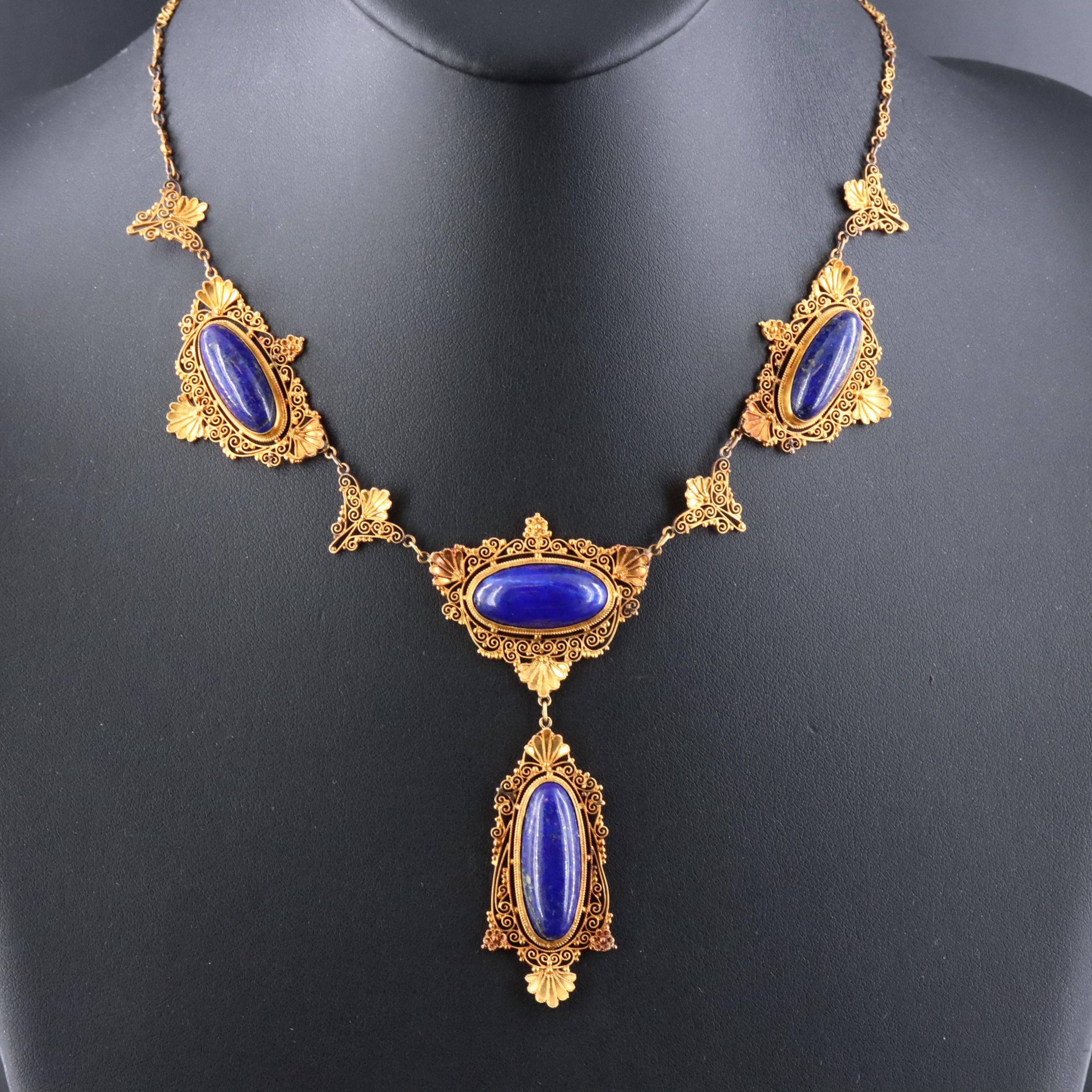 Victorian Etruscan Revival 18K and 14K Lapis Lazuli Cannetille Necklace