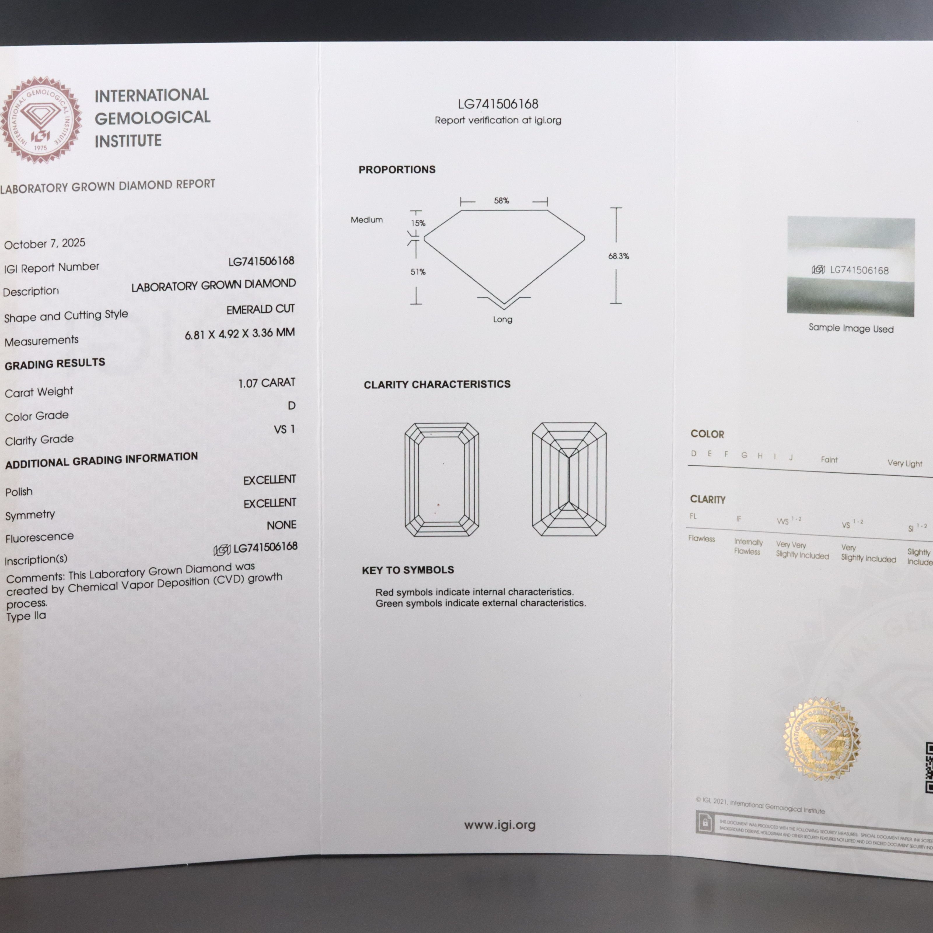 Loose 1.07 CT Lab Grown Diamond with IGI Report