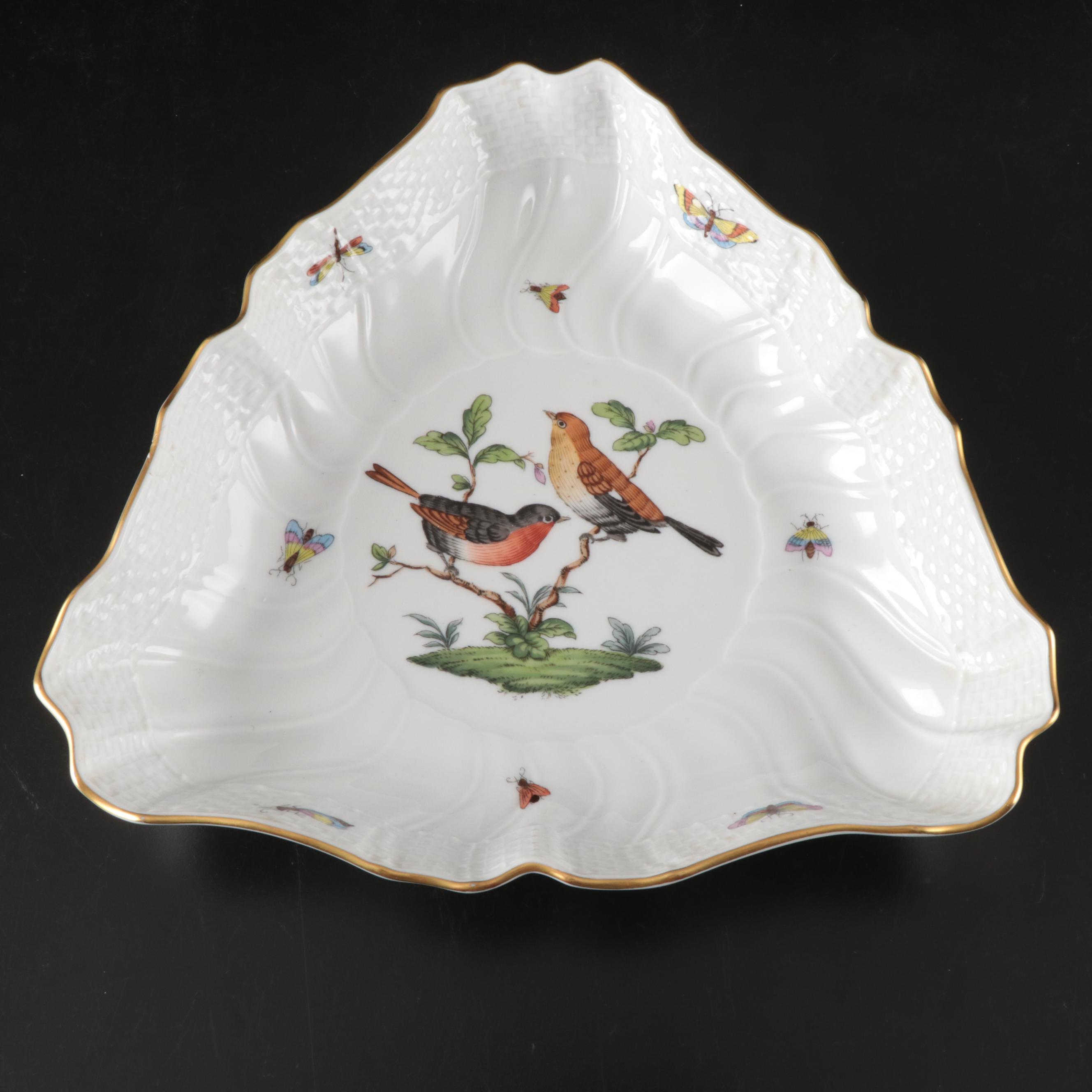 Herend "Rothschild Bird" Hand-Painted Triangular Gilt Porcelain Dish