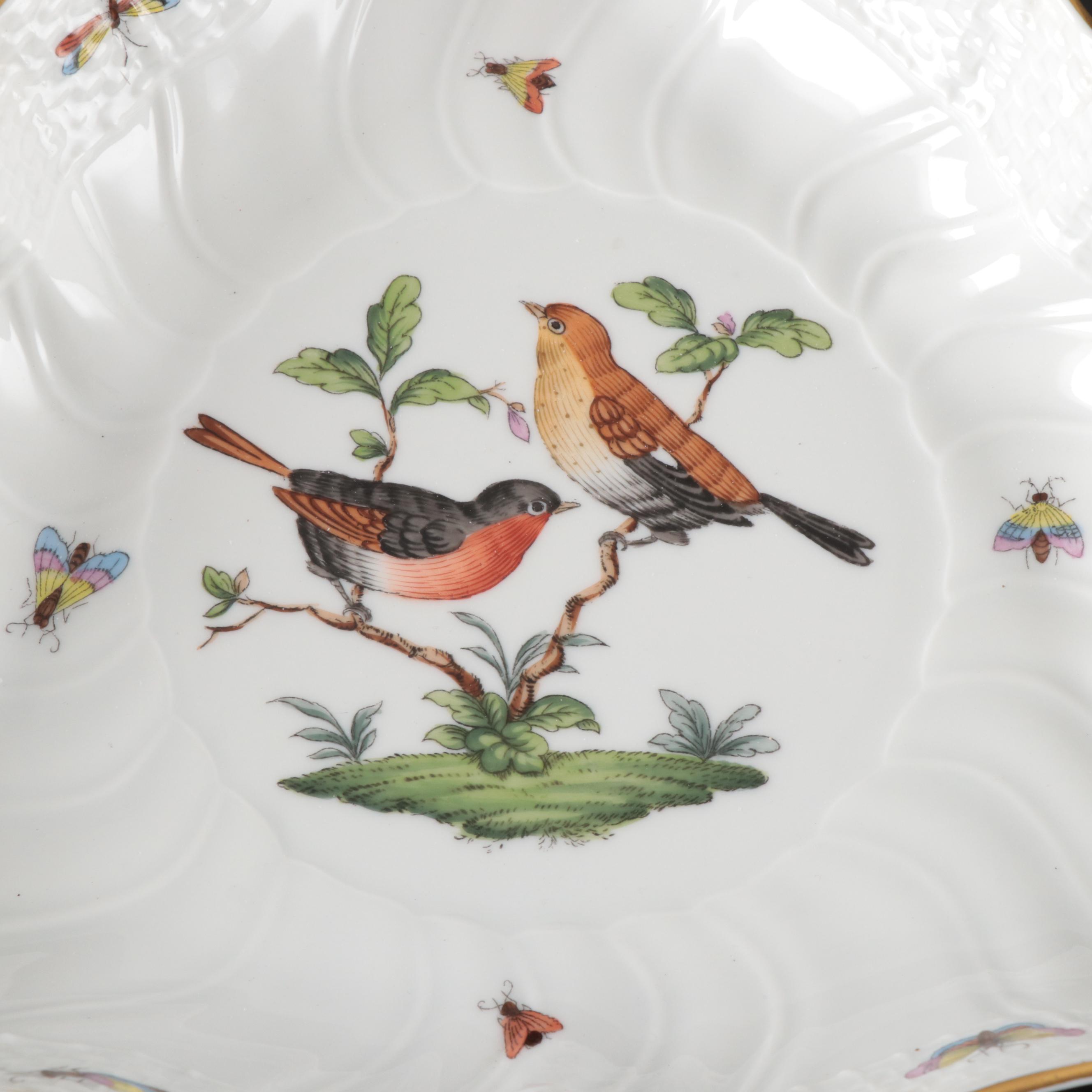 Herend "Rothschild Bird" Hand-Painted Triangular Gilt Porcelain Dish