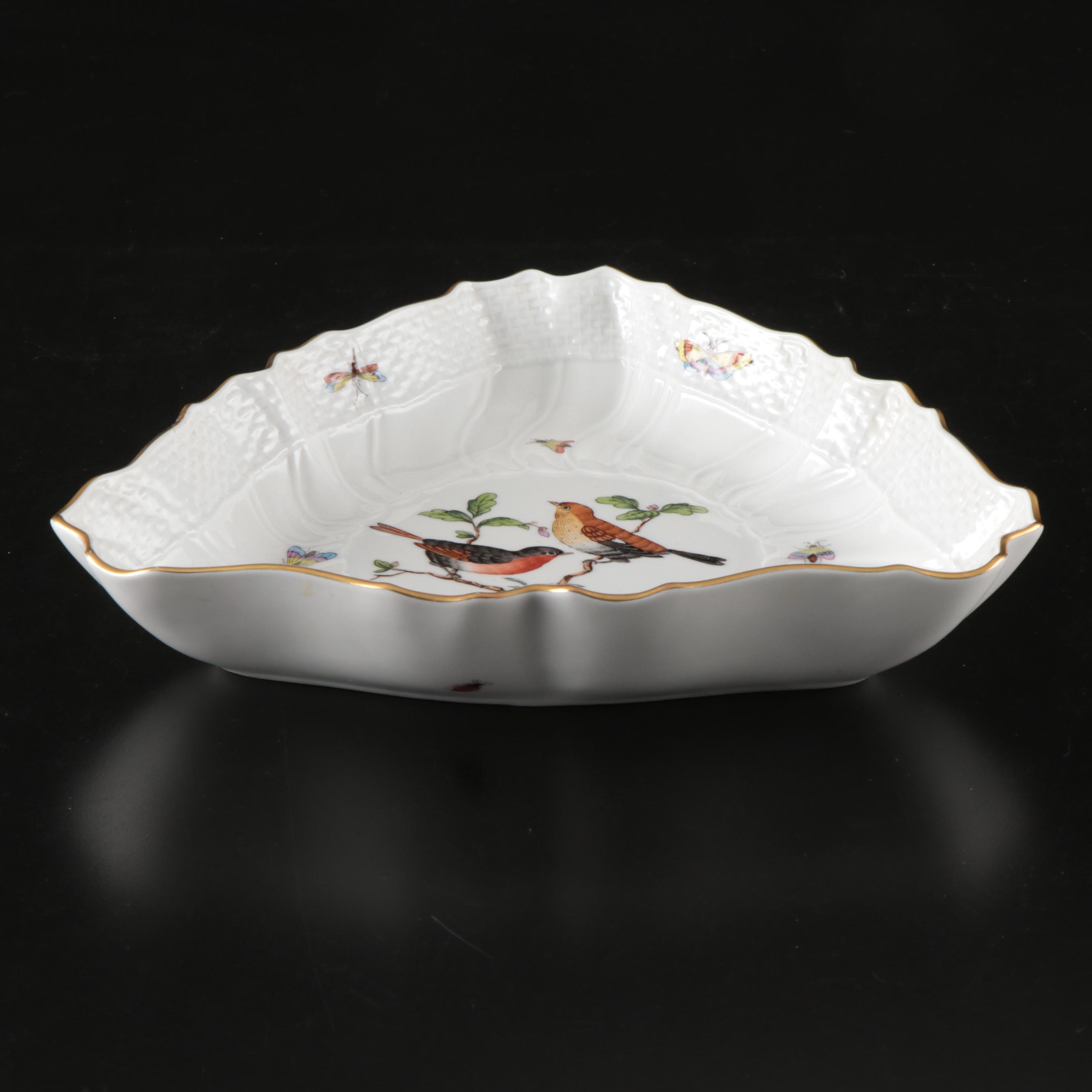Herend "Rothschild Bird" Hand-Painted Triangular Gilt Porcelain Dish