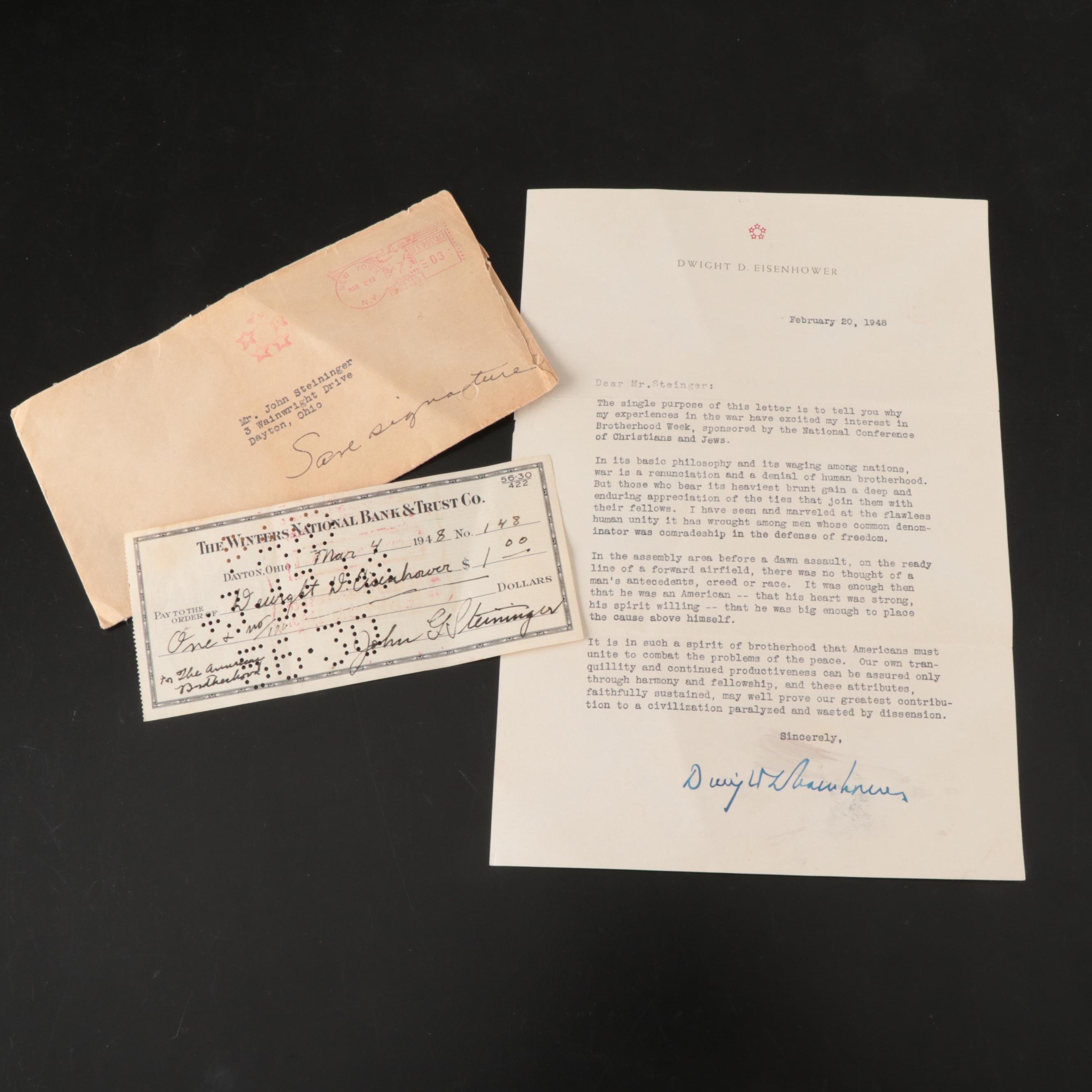Dwight Eisenhower Autopen Signed Letter with Check, 1948