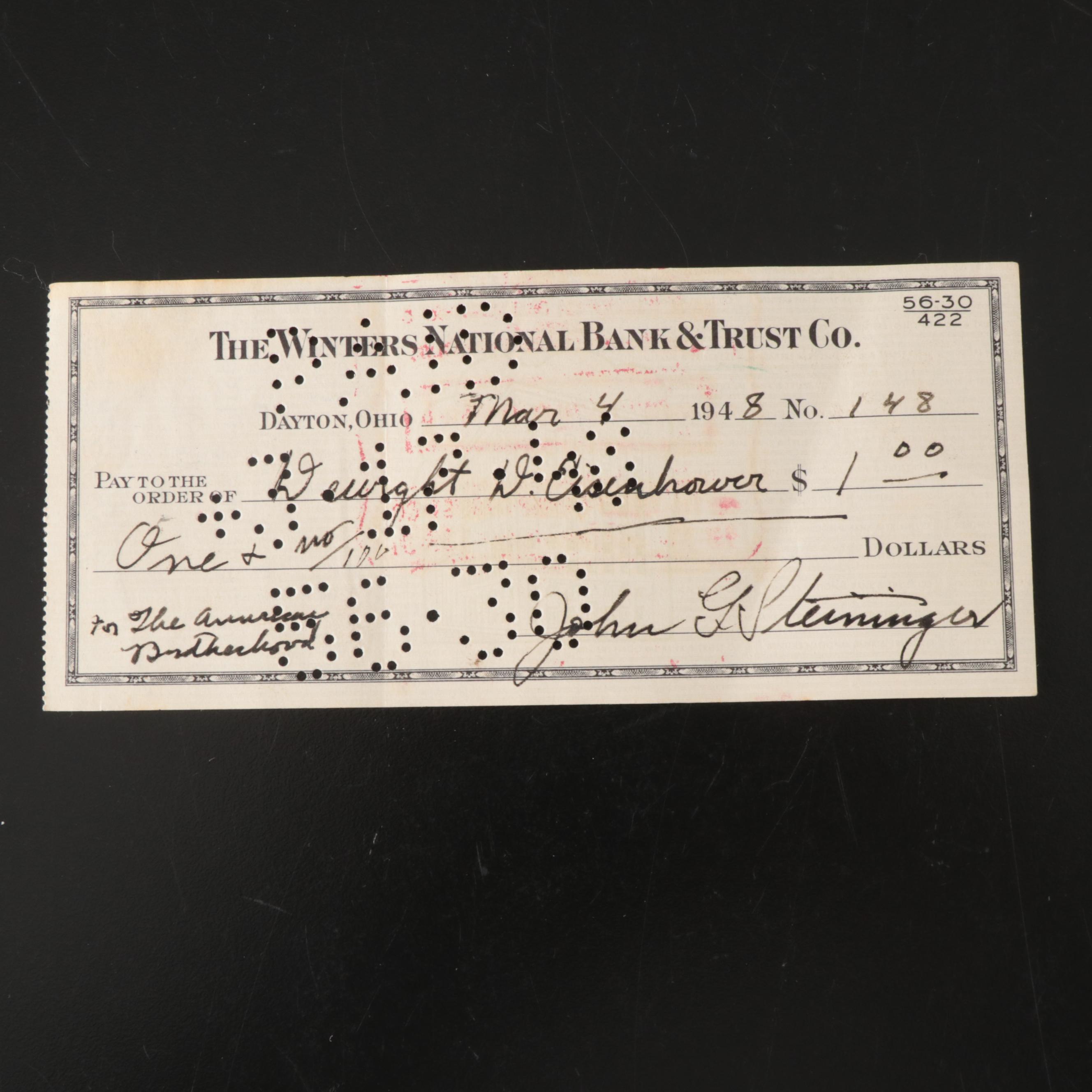 Dwight Eisenhower Autopen Signed Letter with Check, 1948