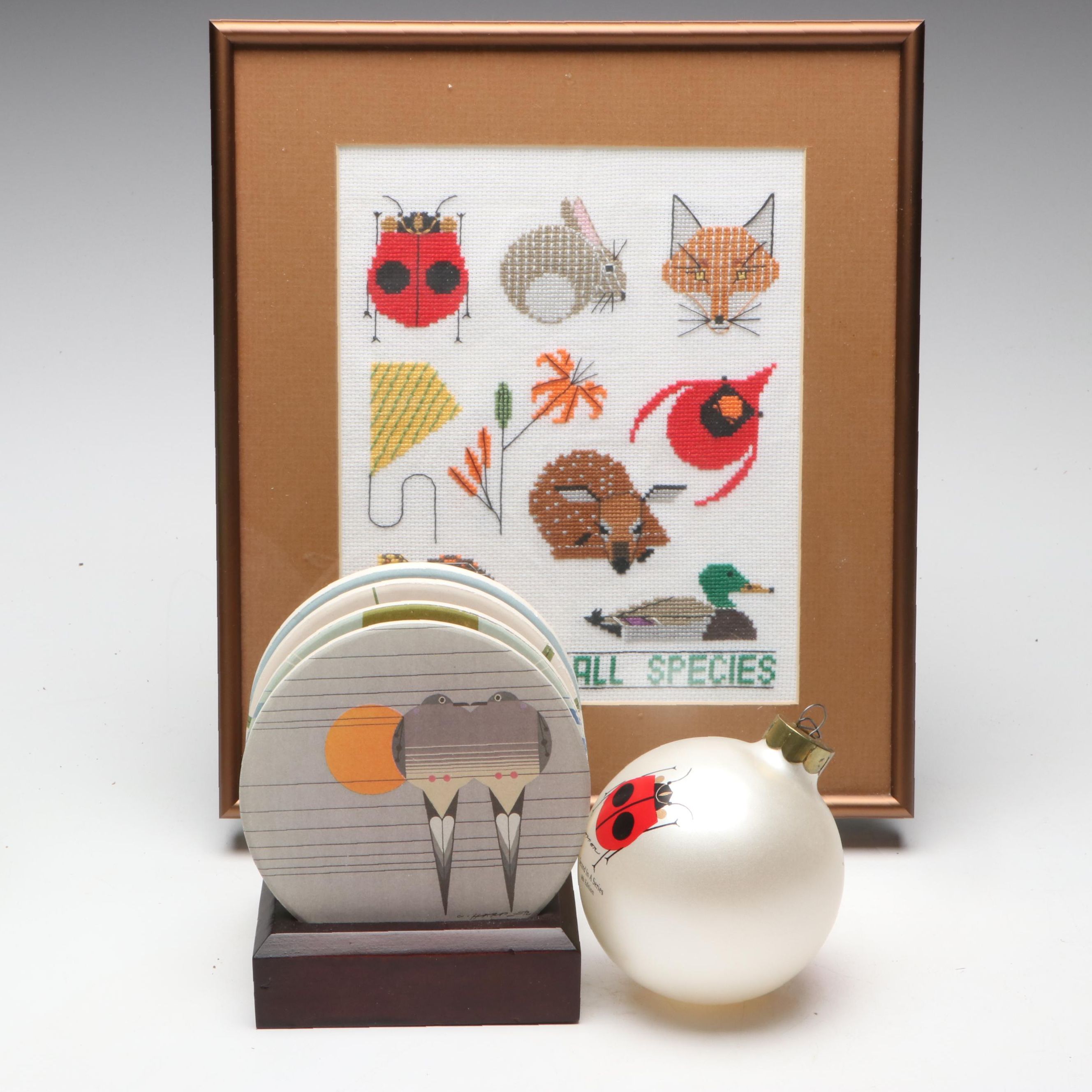 Charley Harper Coasters, Ornament, and Framed Cross-Stitch Panel