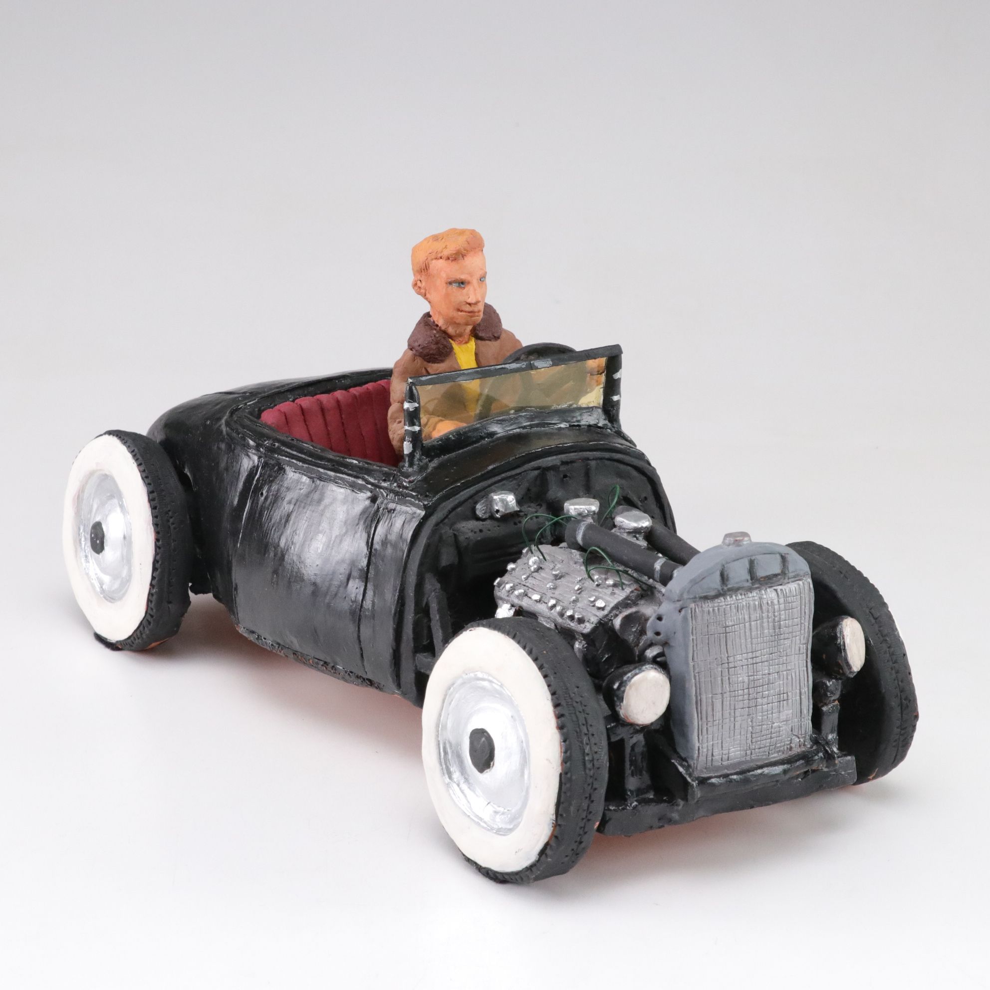 Marilyn Reeves Signed Terracotta Sculpture of Hot Rod Roadster & Driver