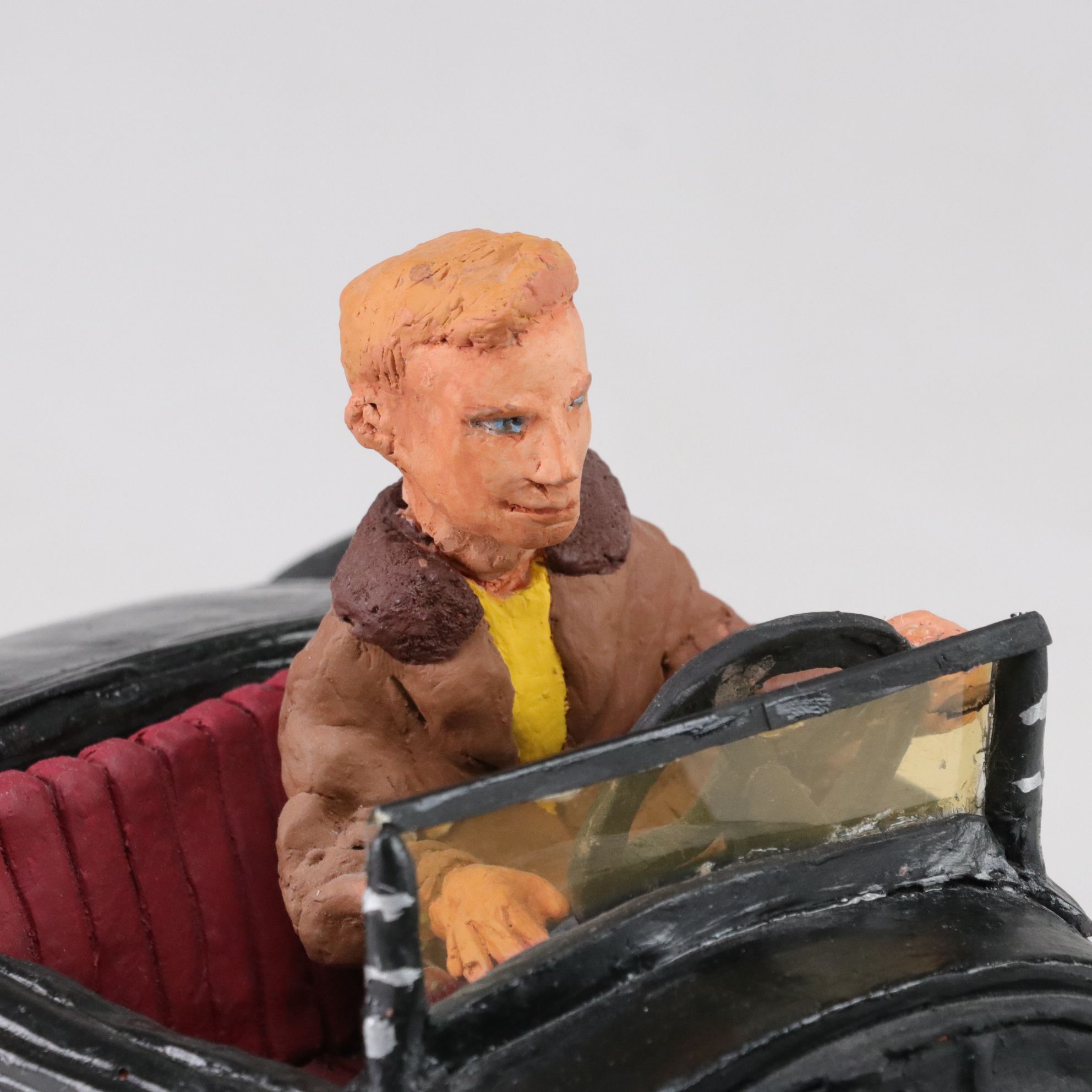 Marilyn Reeves Signed Terracotta Sculpture of Hot Rod Roadster & Driver