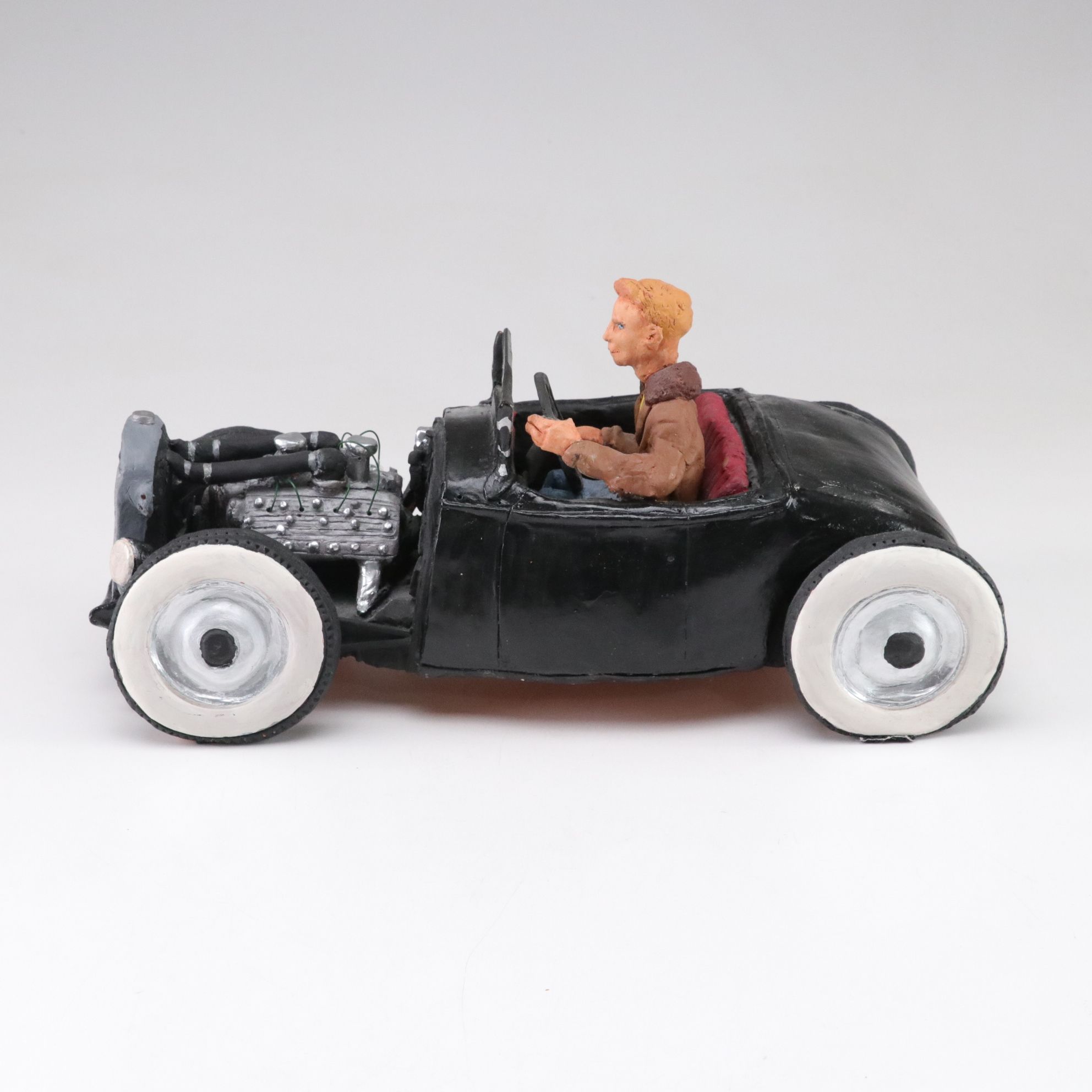 Marilyn Reeves Signed Terracotta Sculpture of Hot Rod Roadster & Driver