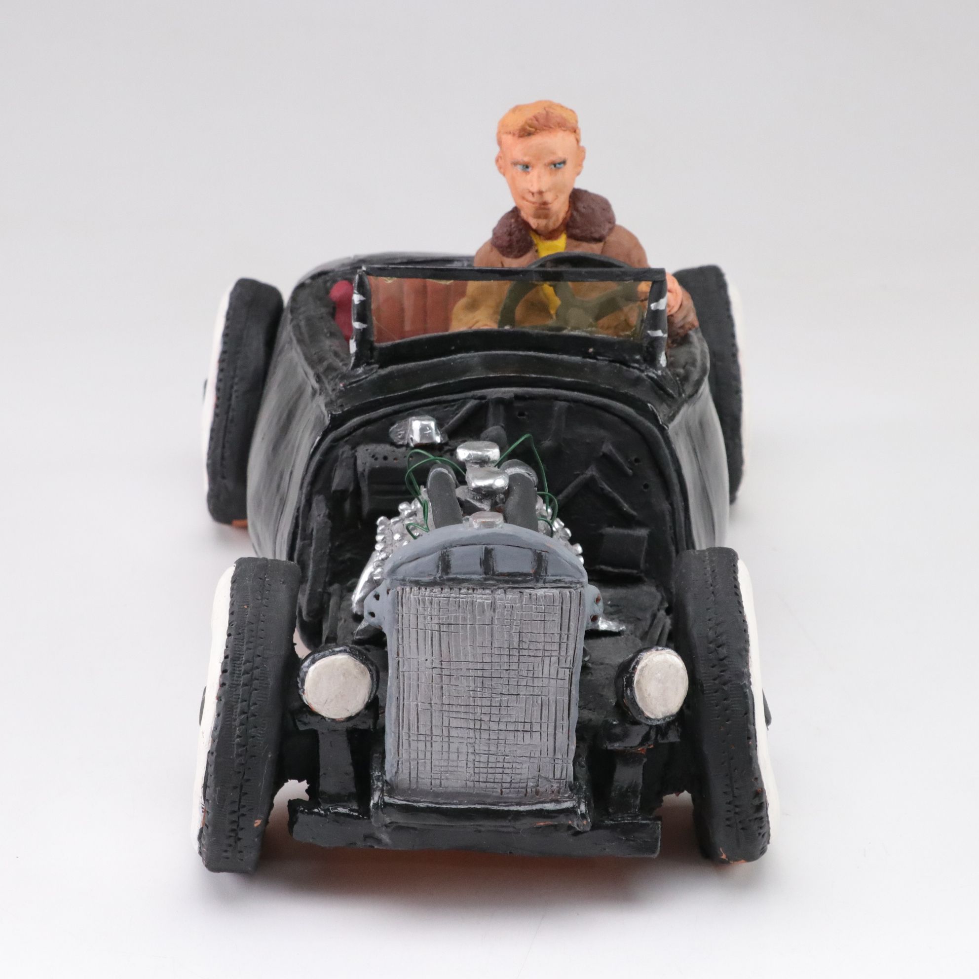 Marilyn Reeves Signed Terracotta Sculpture of Hot Rod Roadster & Driver