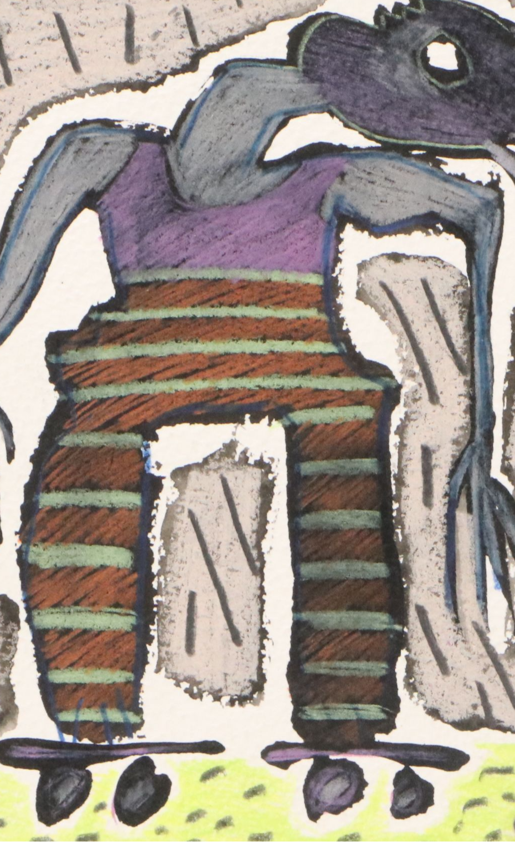 Merle Rosen Stylized Mixed Media Drawing of Figure on Roller Skates, 1993