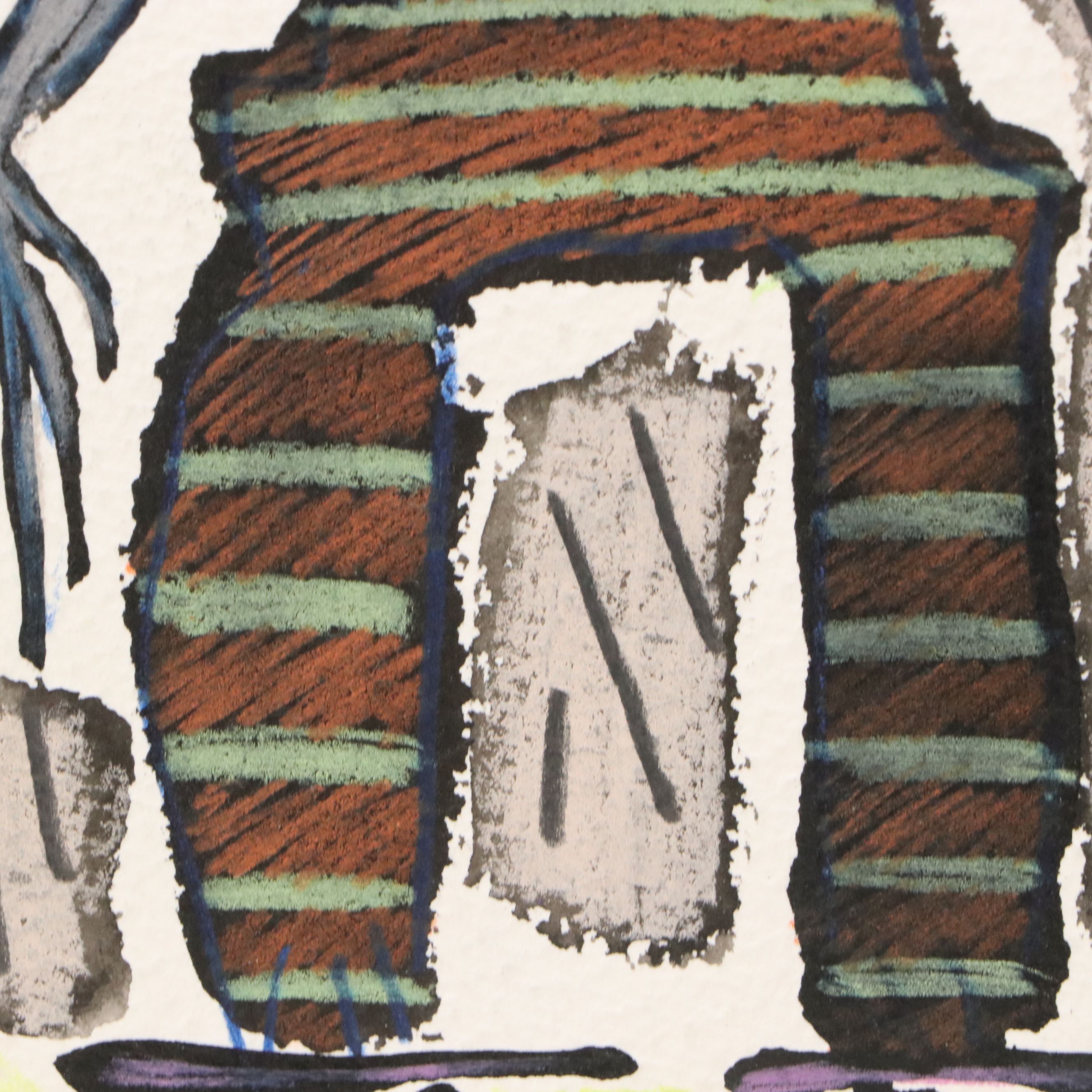 Merle Rosen Stylized Mixed Media Drawing of Figure on Roller Skates, 1993