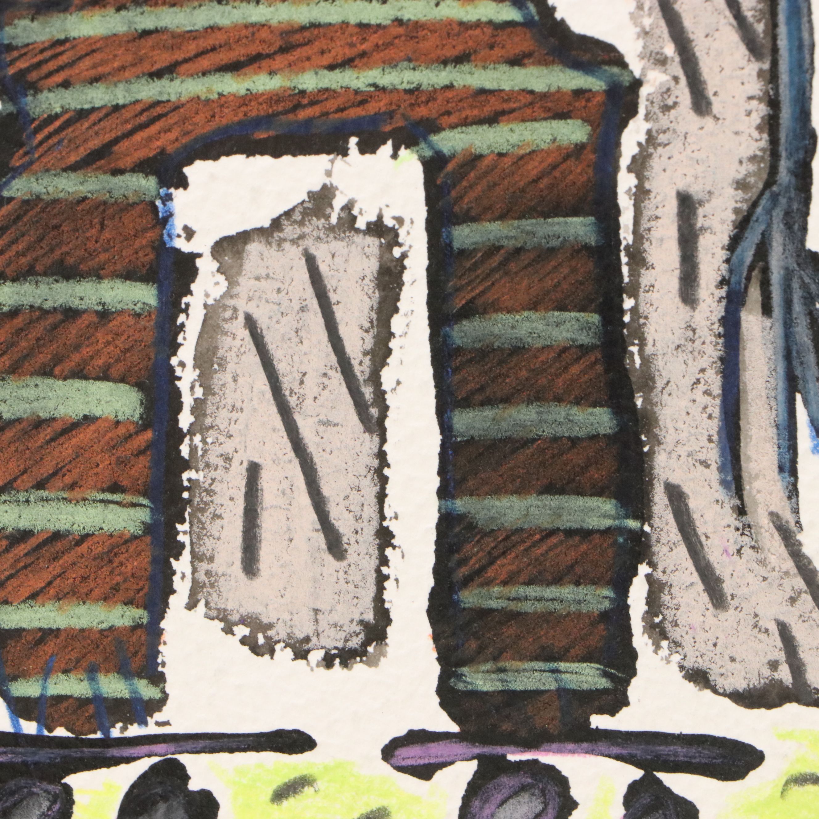 Merle Rosen Stylized Mixed Media Drawing of Figure on Roller Skates, 1993