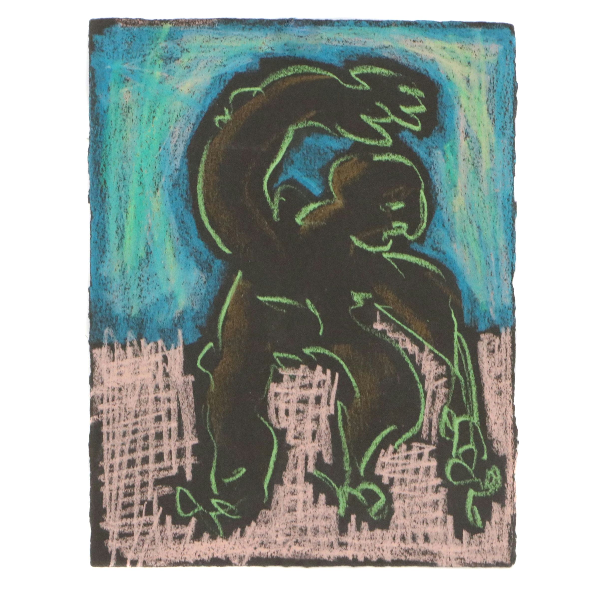 Merle Rosen Stylized Figural Crayon Drawing, 1994