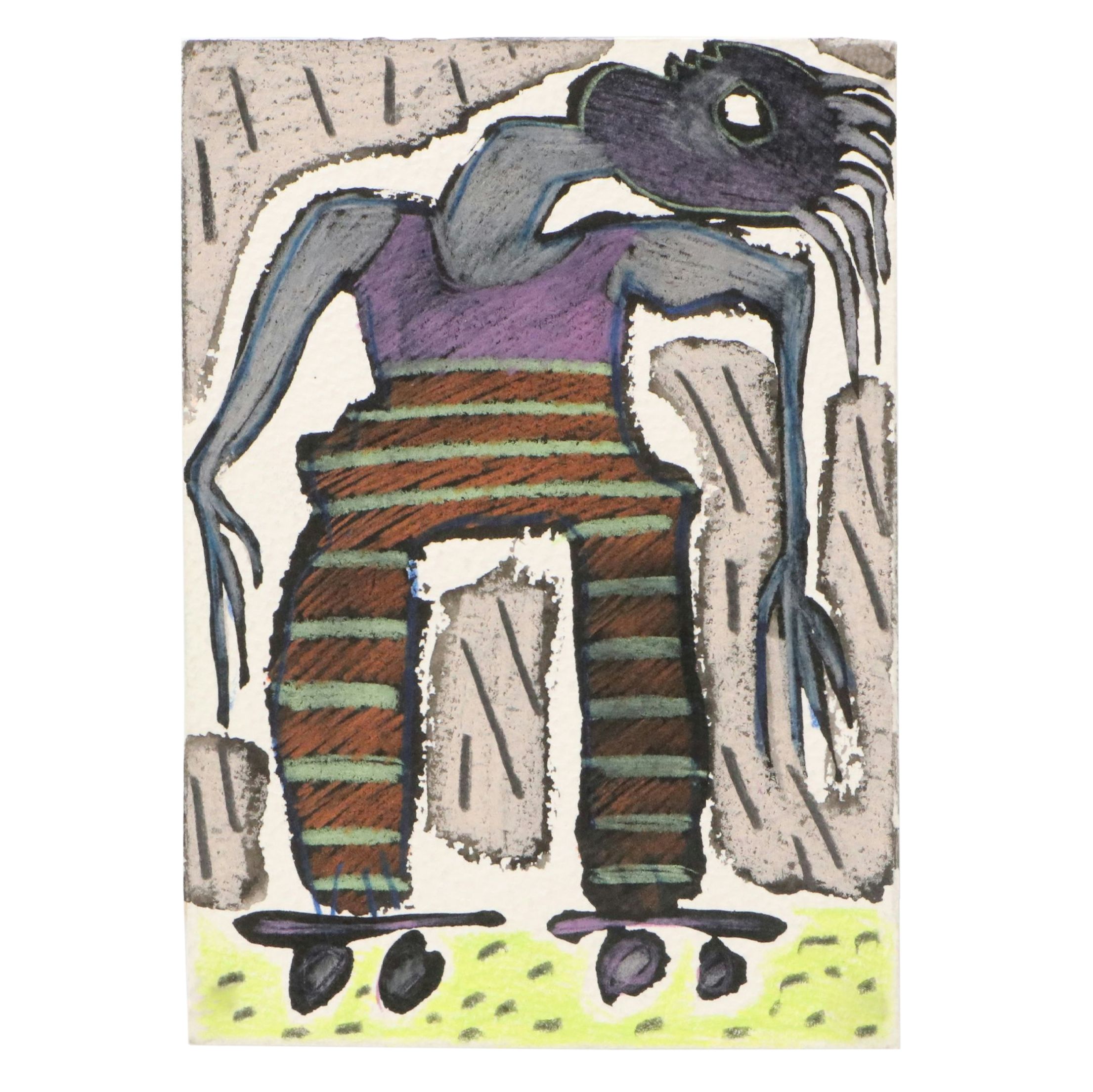 Merle Rosen Stylized Mixed Media Drawing of Figure on Roller Skates, 1993