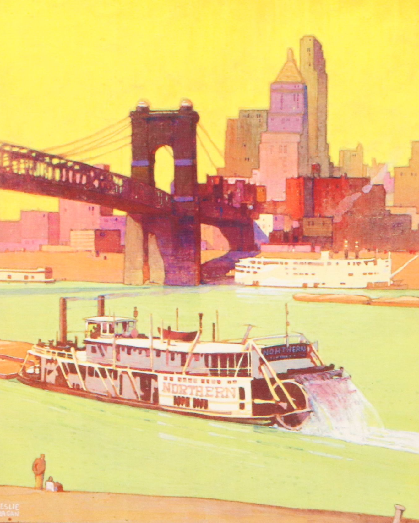 Offset Lithograph After Leslie Ragan of Cincinnati Skyline from River