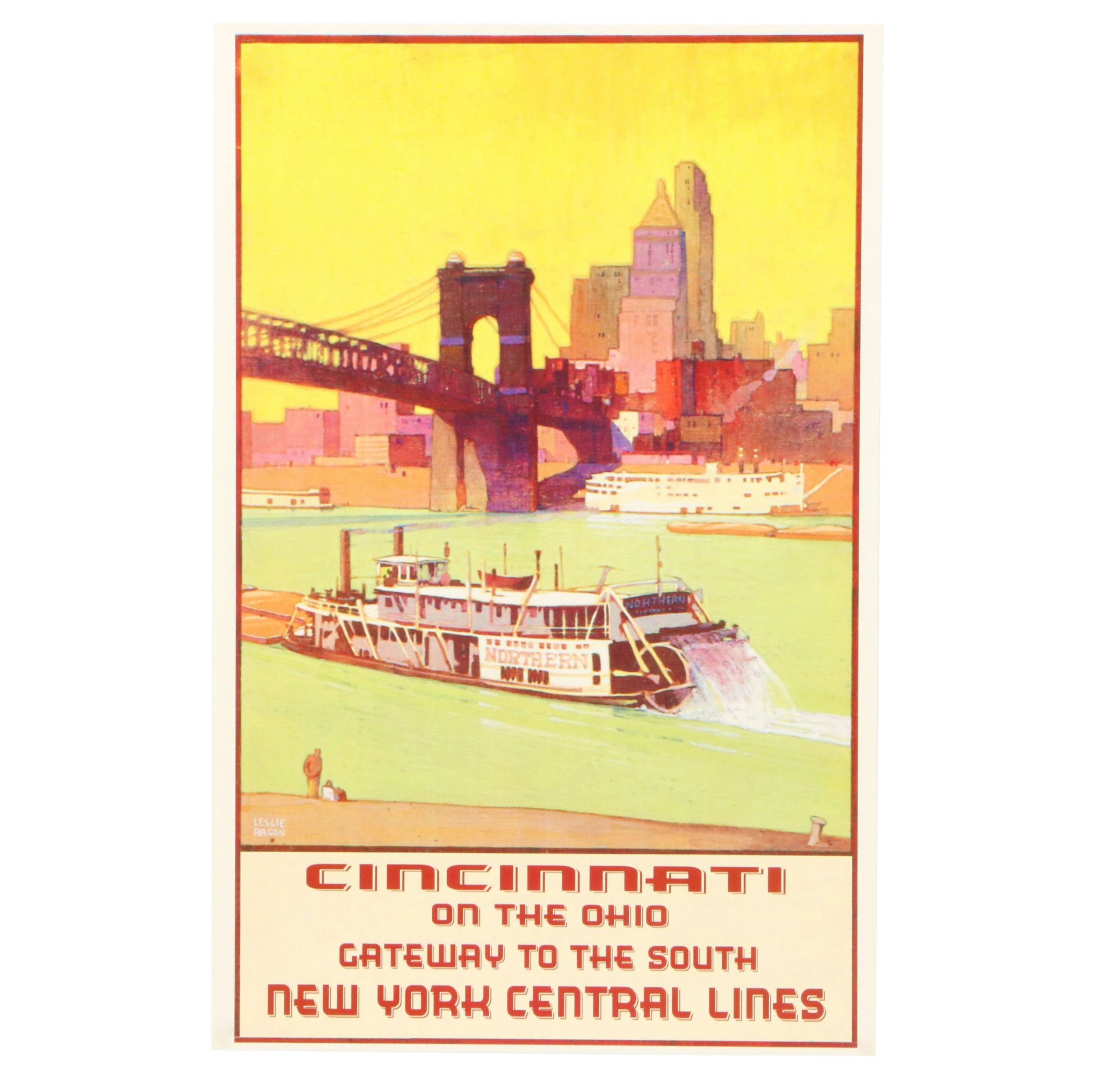 Offset Lithograph After Leslie Ragan of Cincinnati Skyline from River