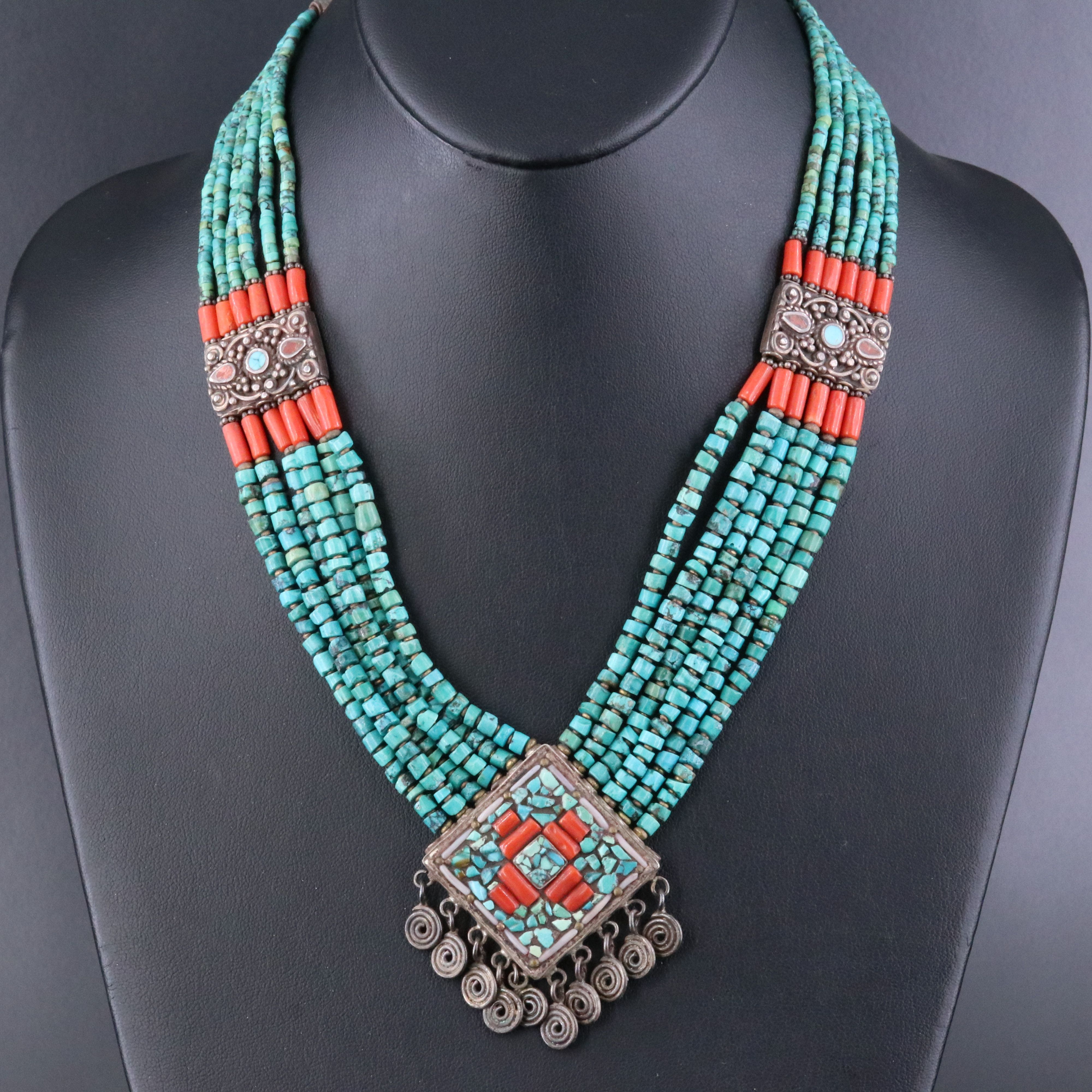 Tibetan Sterling Turquoise and Coral Necklace