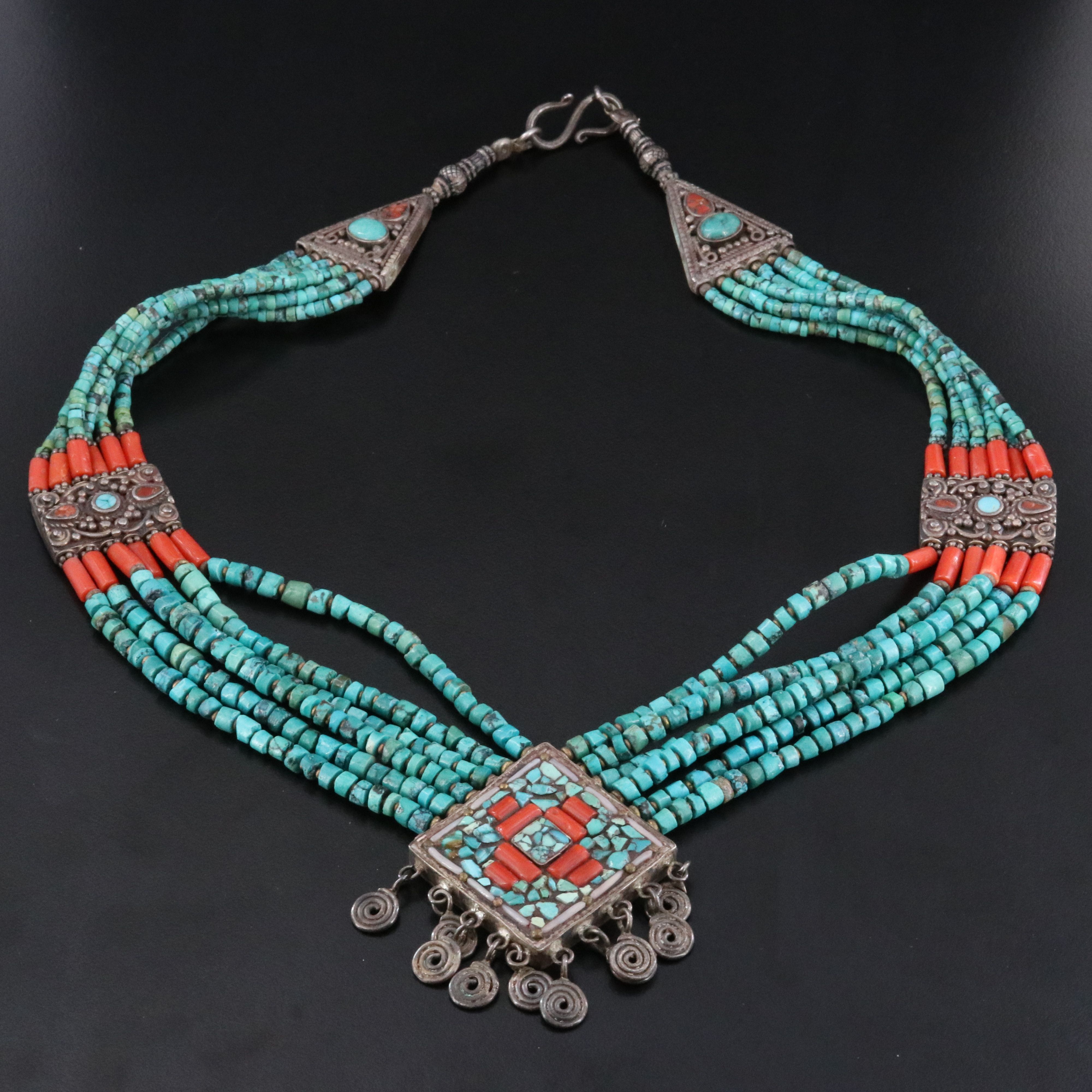 Tibetan Sterling Turquoise and Coral Necklace