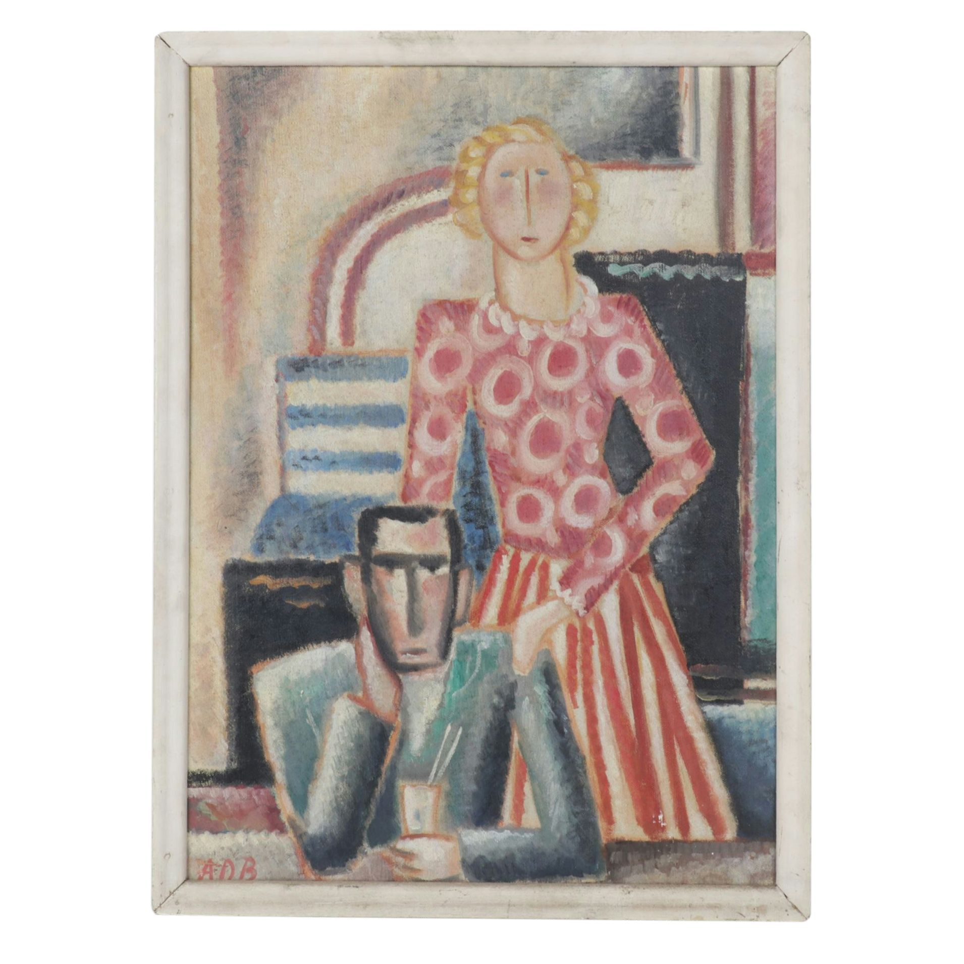 Modernist Style Acrylic Portrait Painting of Man & Woman, Mid-Late 20th Century