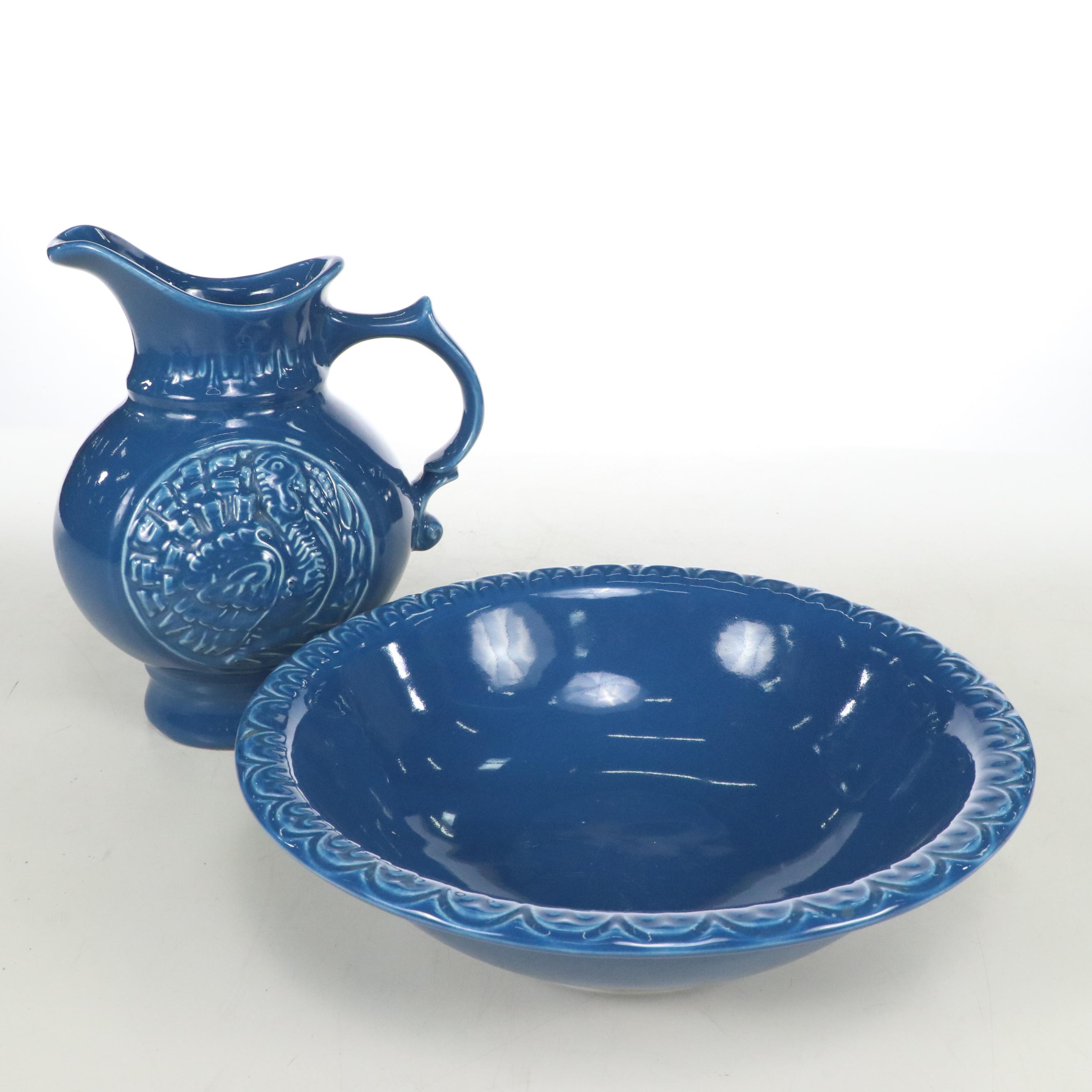 McCoy Pottery Blue Turkey Ceramic Pitcher and Basin