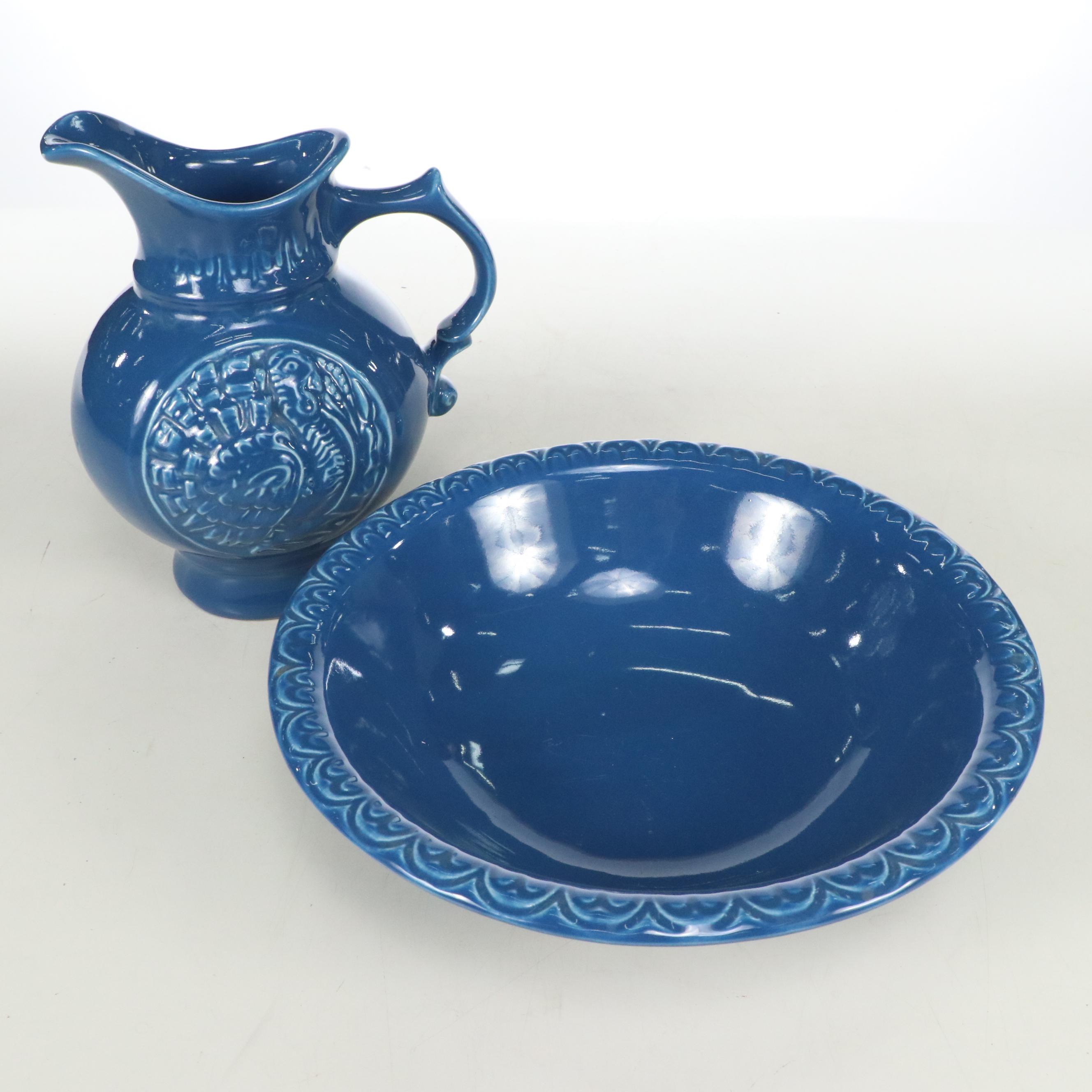 McCoy Pottery Blue Turkey Ceramic Pitcher and Basin