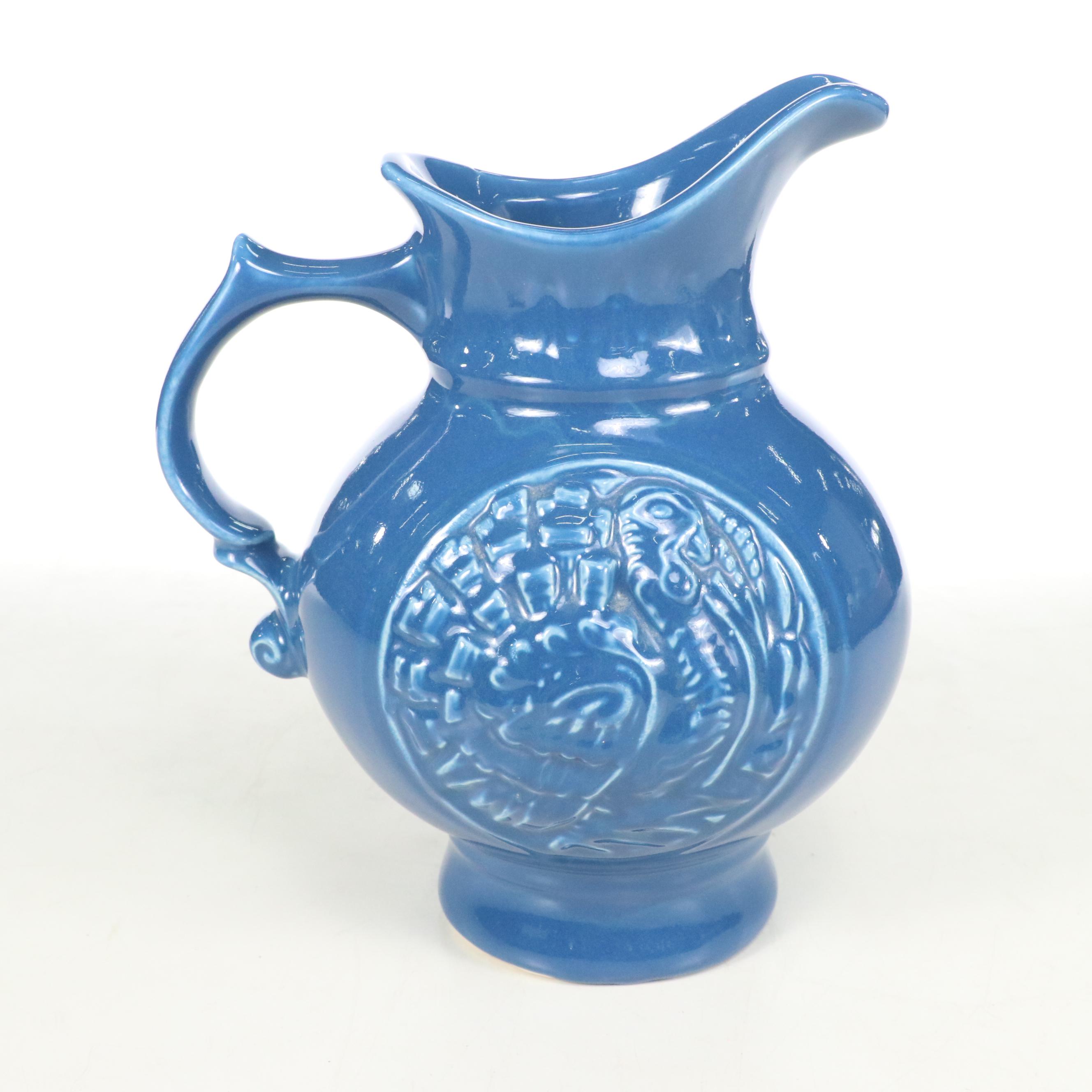 McCoy Pottery Blue Turkey Ceramic Pitcher and Basin
