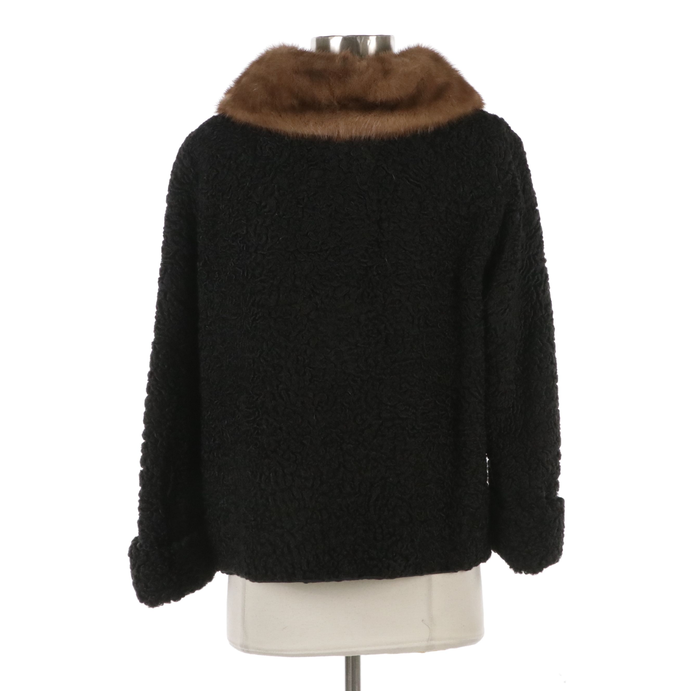 Pogue's Black Persian Lamb and Mink Fur Trimmed Button-Front Jacket