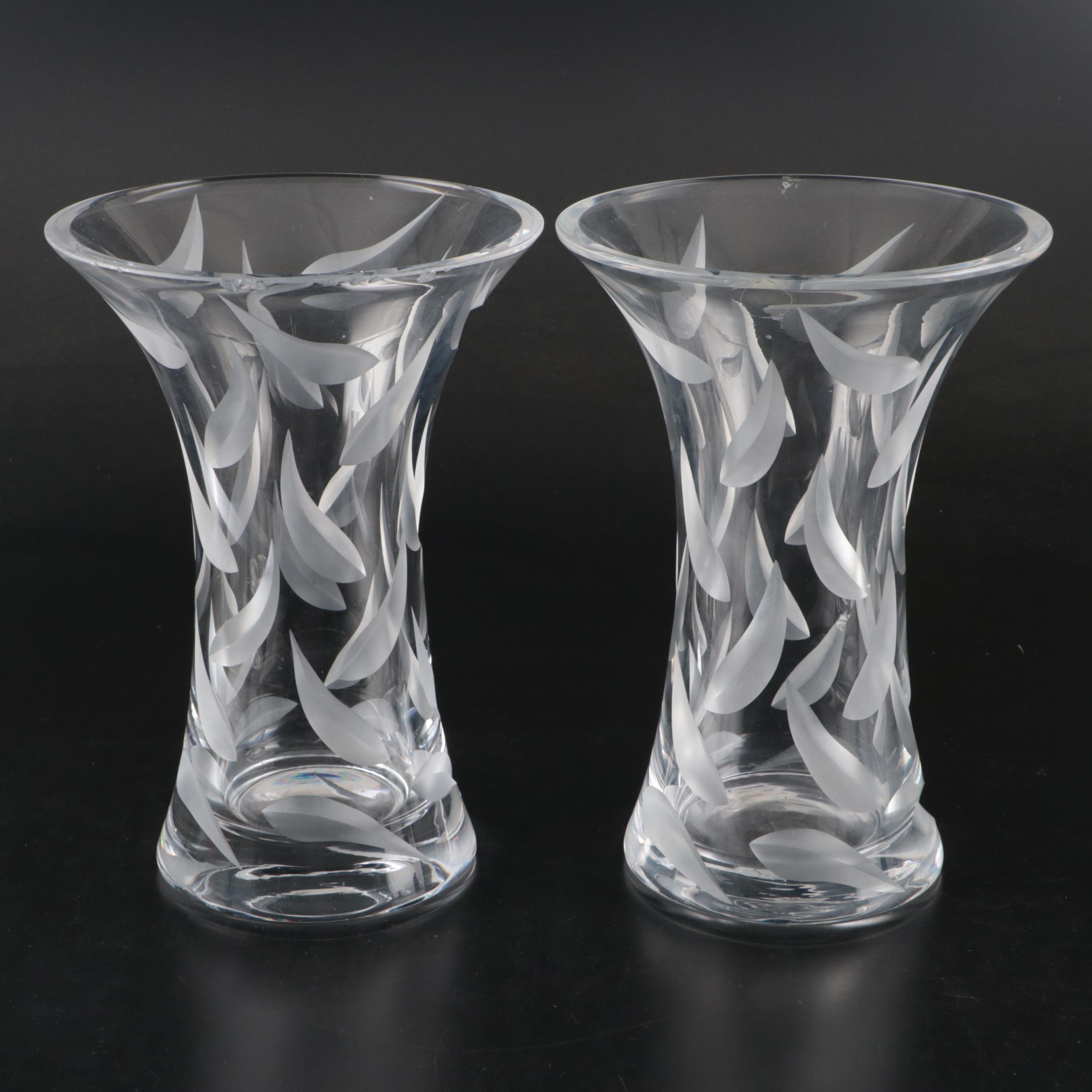 Pair of Etched Leaf Glass Vases
