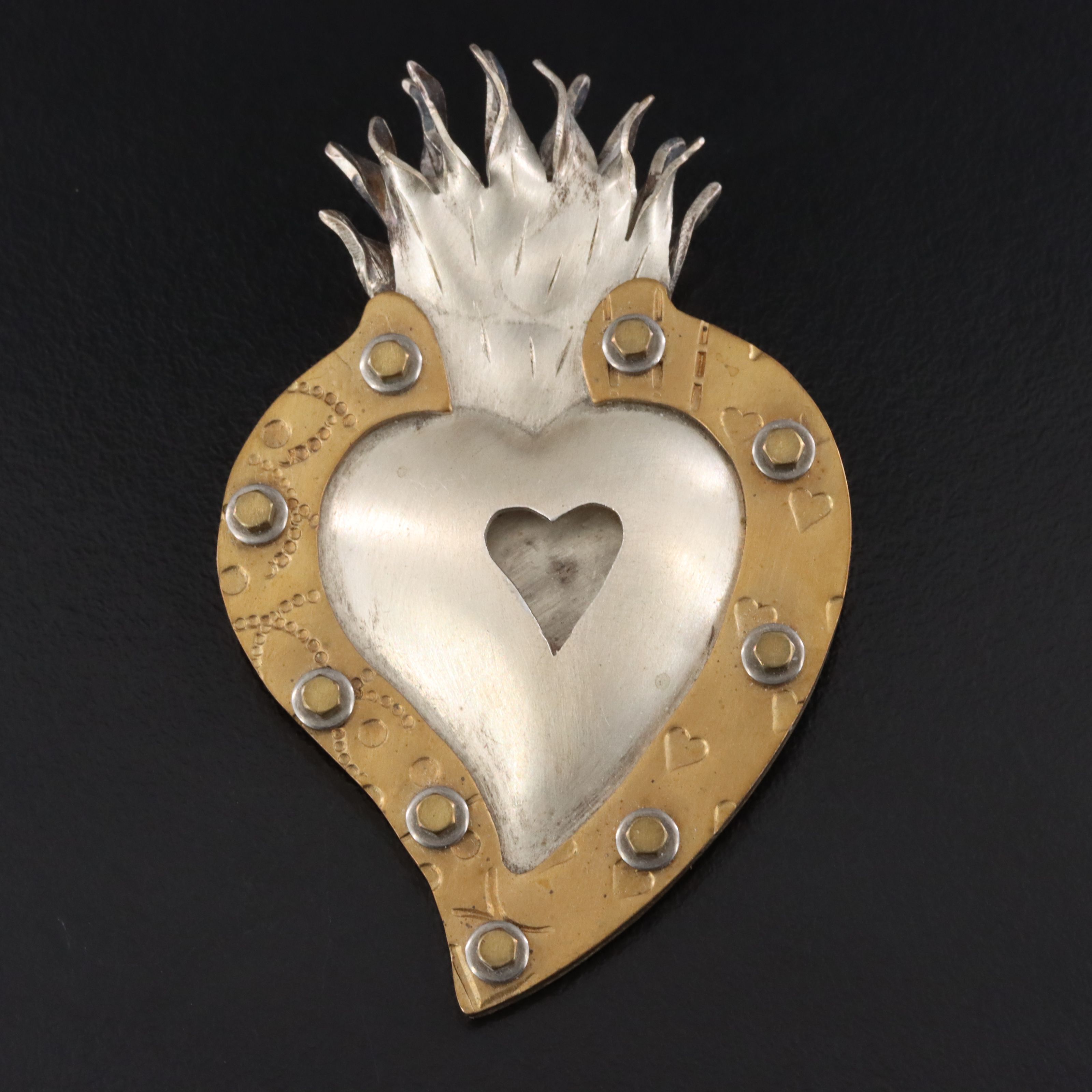 Thomas Mann "Techno Romantic" Sterling and Brass Flaming Heart Brooch