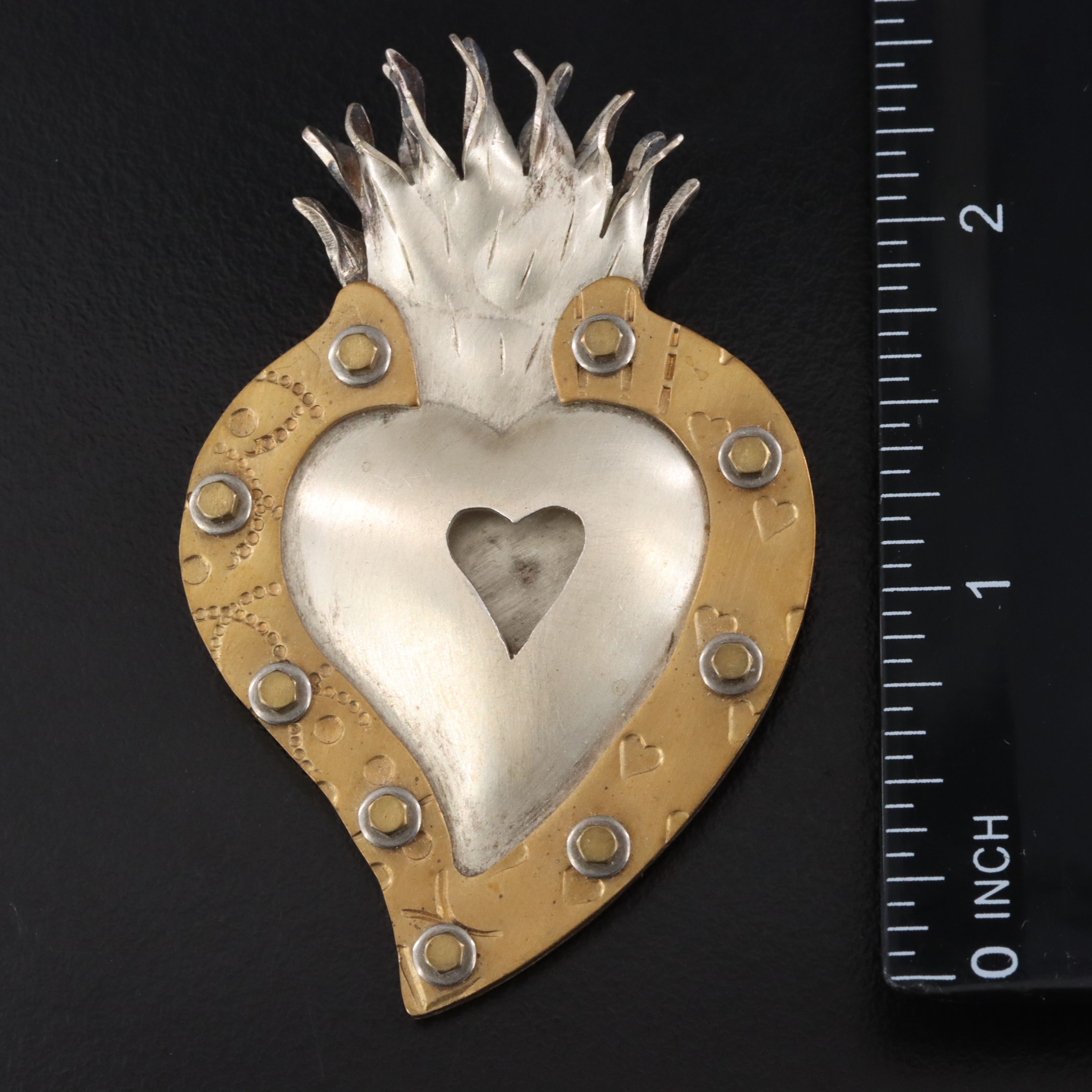 Thomas Mann "Techno Romantic" Sterling and Brass Flaming Heart Brooch