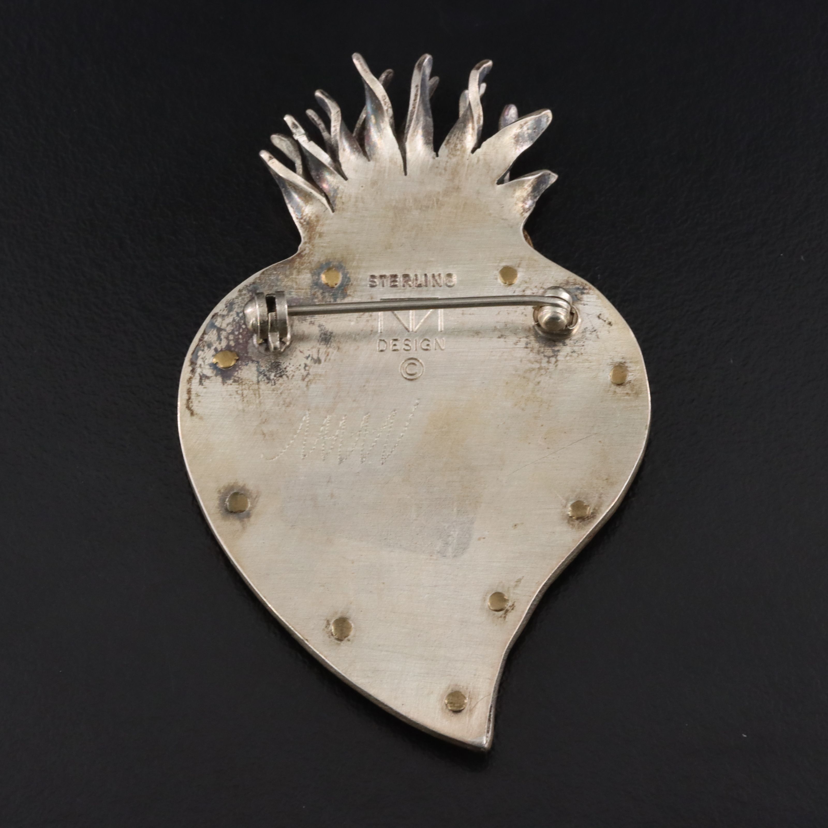 Thomas Mann "Techno Romantic" Sterling and Brass Flaming Heart Brooch