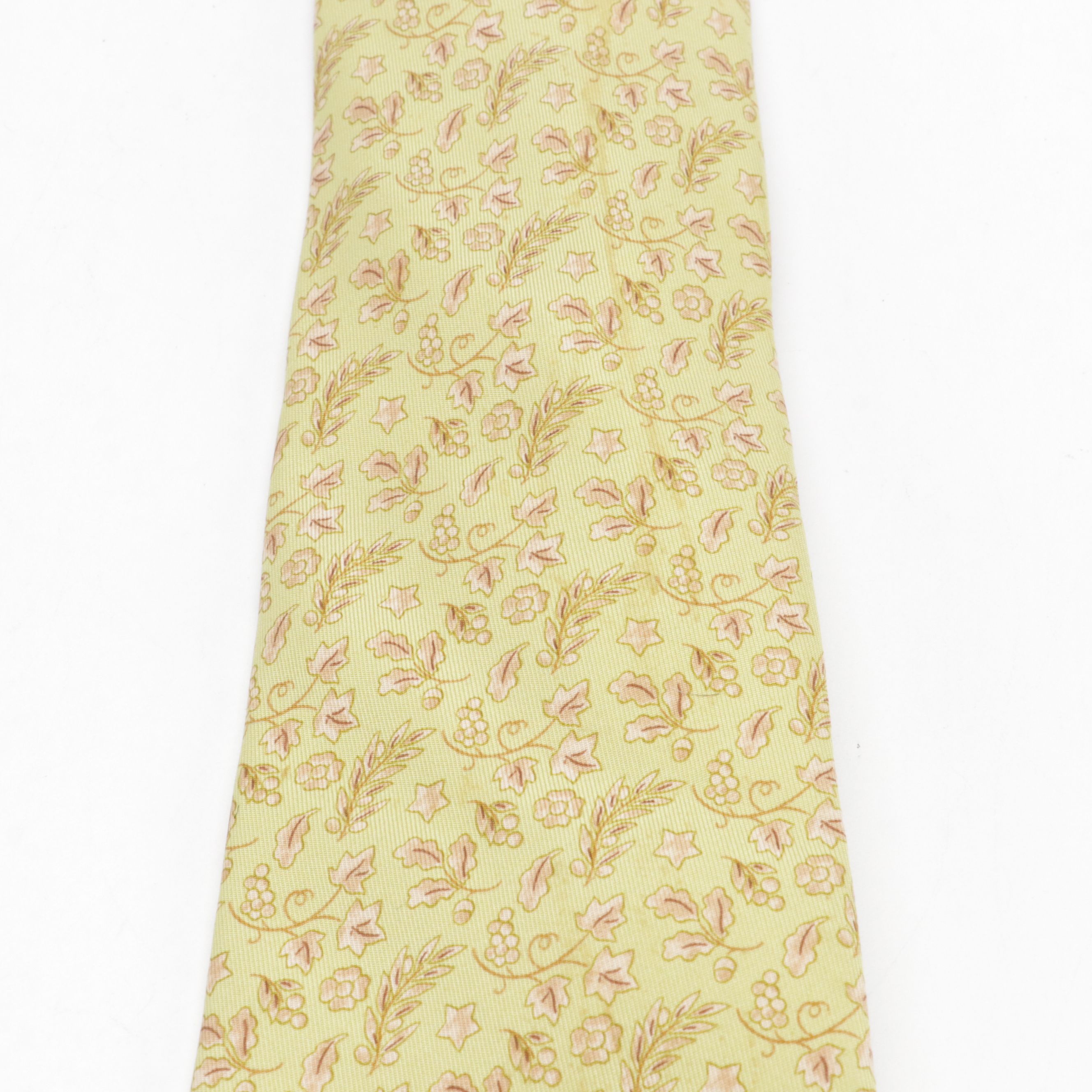 Hermès Hand-Stitched Silk Twill Necktie in Grape Cluster Leaf and Foliate Print