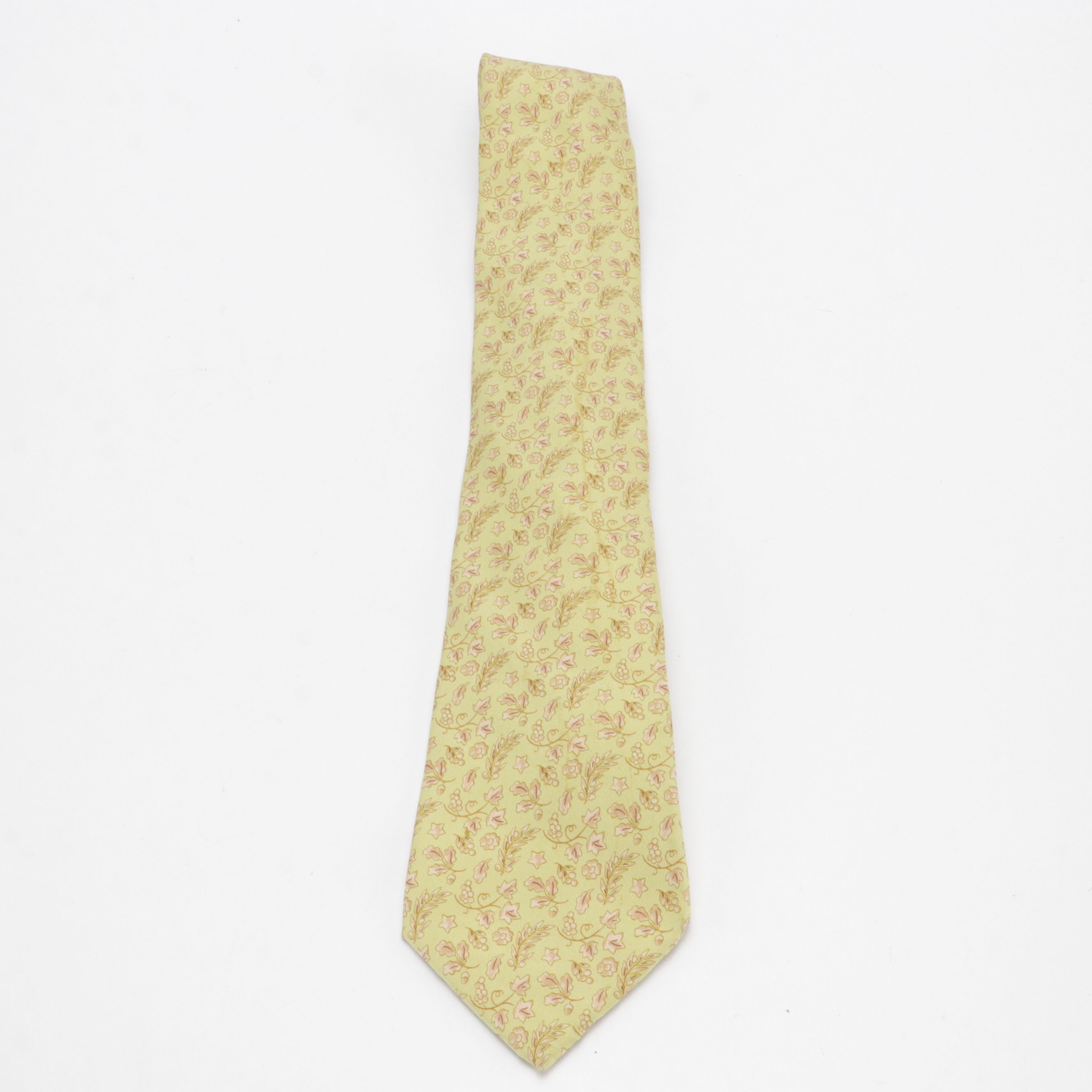 Hermès Hand-Stitched Silk Twill Necktie in Grape Cluster Leaf and Foliate Print