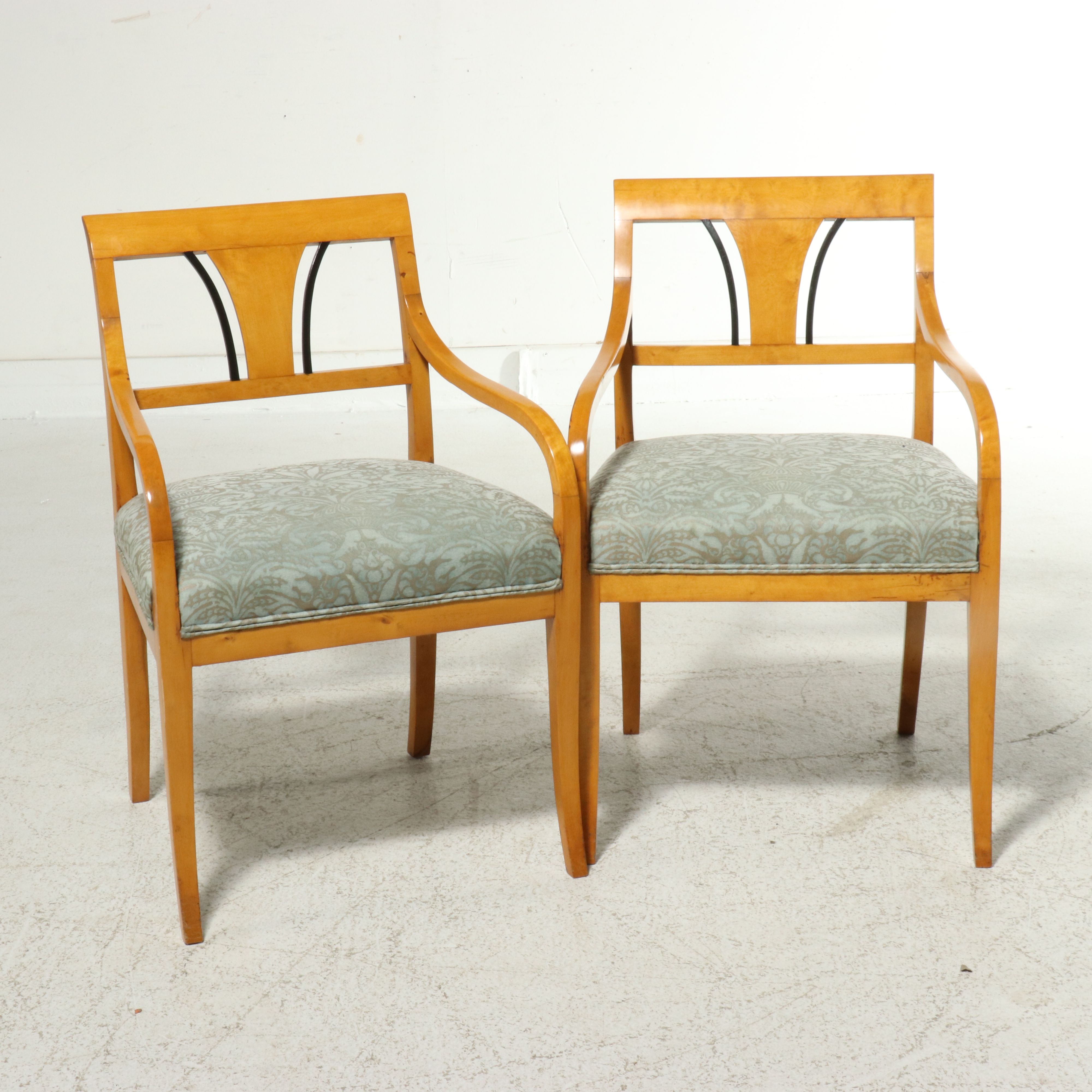 Pair of Biedermeier Style Birch and Ebonized "Shield" Back Armchairs